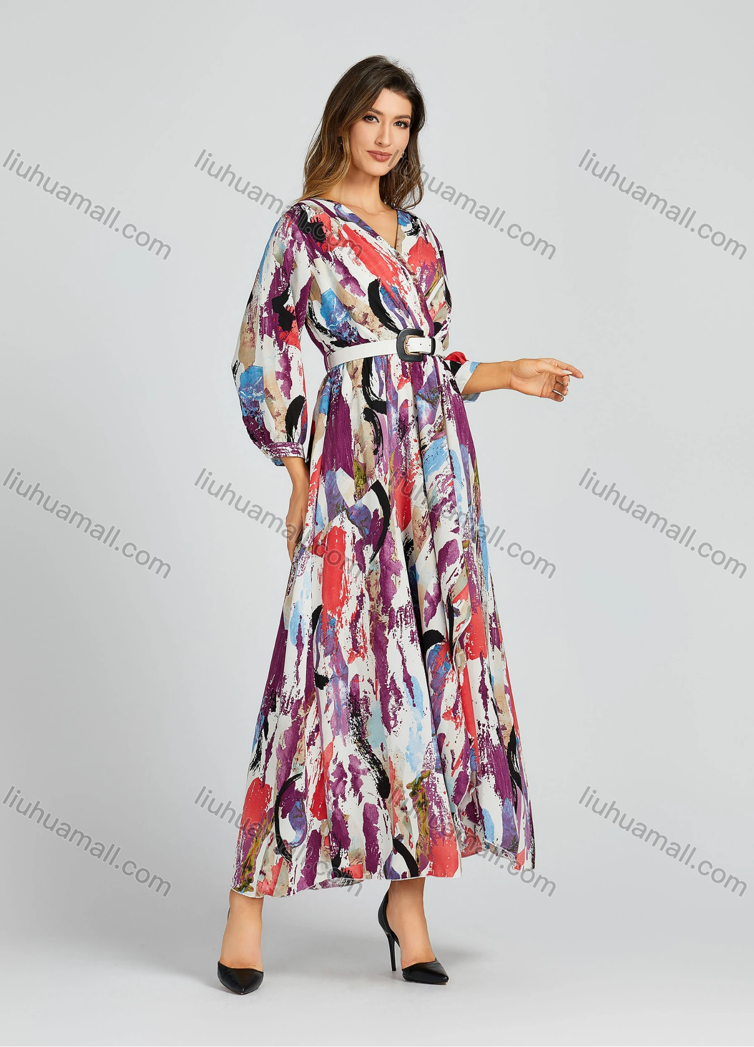 Wholesale Women's Casual Allover Water-colour Print Wrap Long Sleeve Maxi Dress With Belt M0281# - Liuhuamall