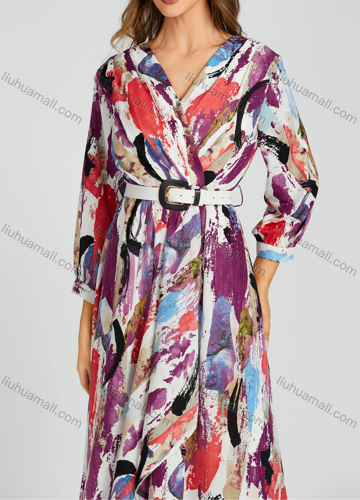 Wholesale Women's Casual Allover Water-colour Print Wrap Long Sleeve Maxi Dress With Belt M0281# - Liuhuamall