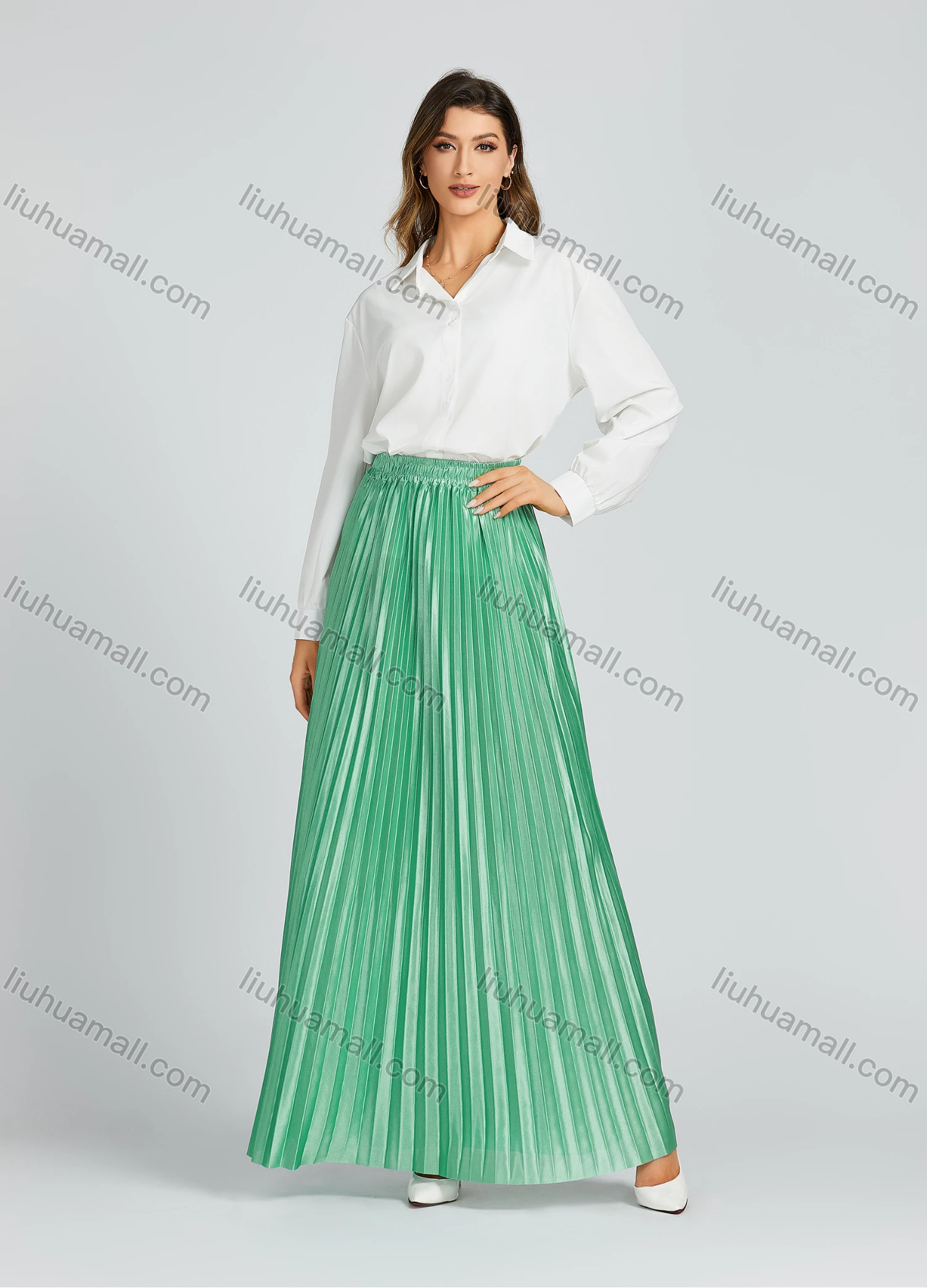 Wholesale Women's Autumn Casual High Waist Plain Print Pleated Maxi Skirt 9988# - Liuhuamall
