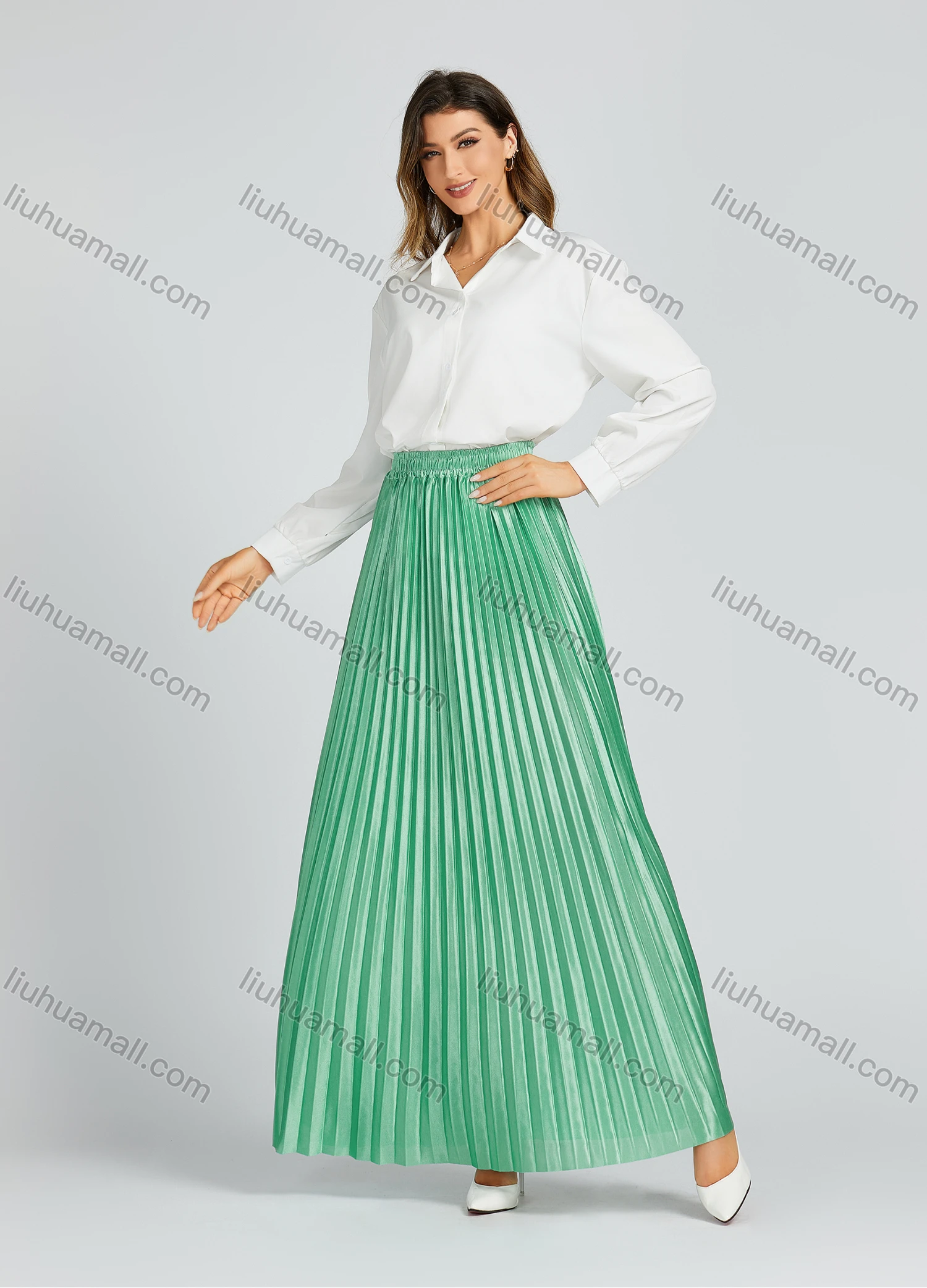 Wholesale Women's Autumn Casual High Waist Plain Print Pleated Maxi Skirt 9988# - Liuhuamall
