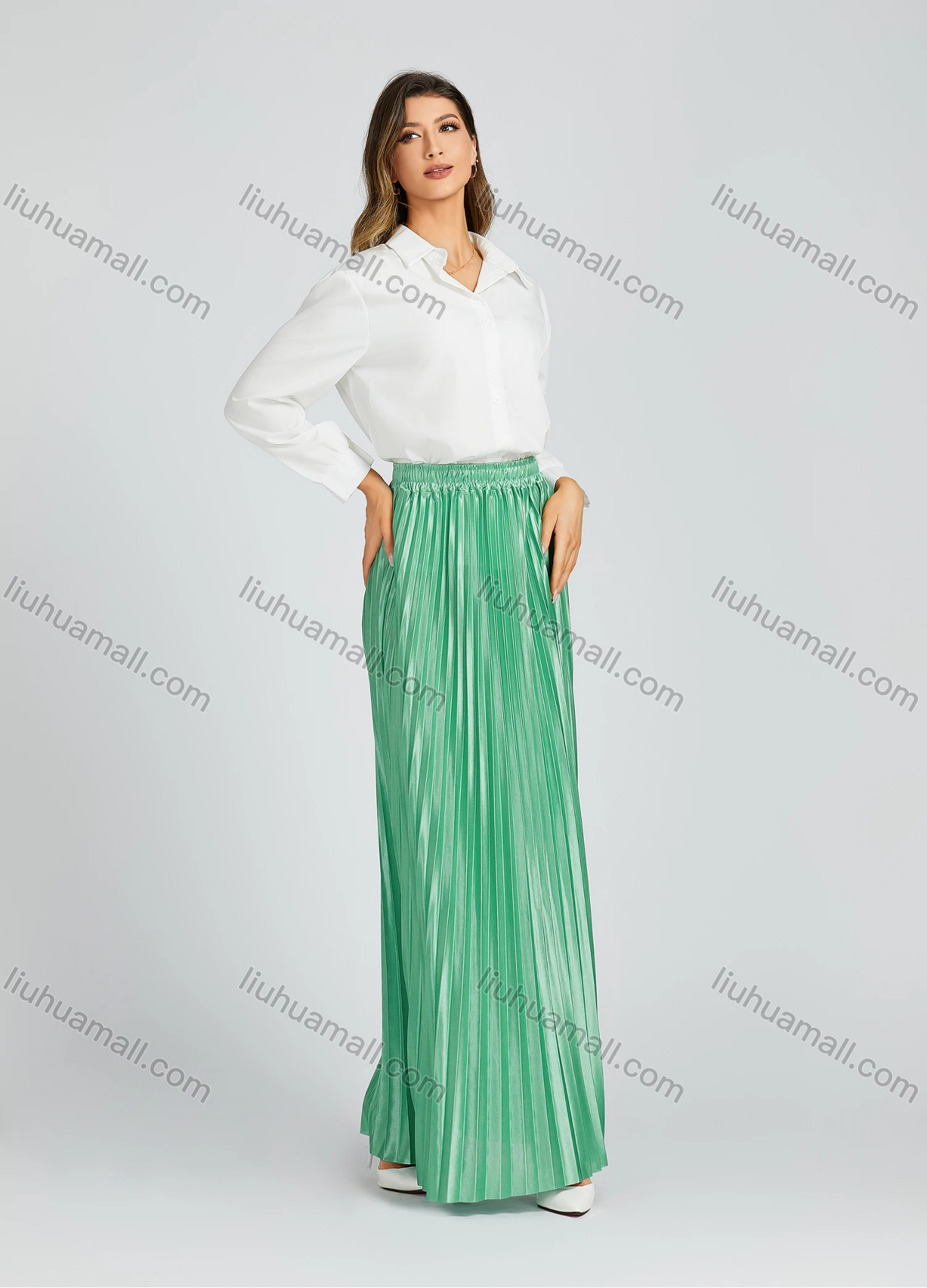 Wholesale Women's Autumn Casual High Waist Plain Print Pleated Maxi Skirt 9988# - Liuhuamall