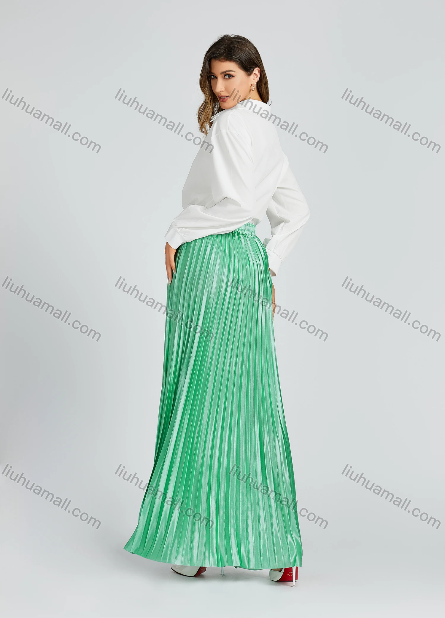Wholesale Women's Autumn Casual High Waist Plain Print Pleated Maxi Skirt 9988# - Liuhuamall