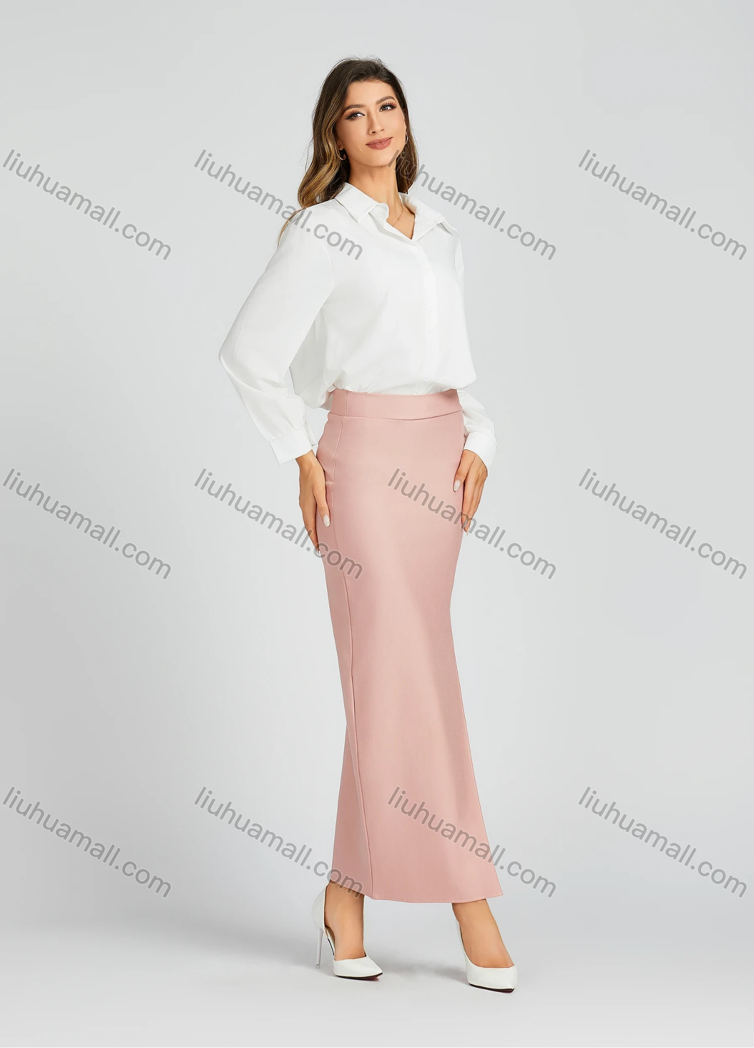 Wholesale Women's Spring Casual High Waist Plain Print Slim Fit Maxi Skirt - Liuhuamall