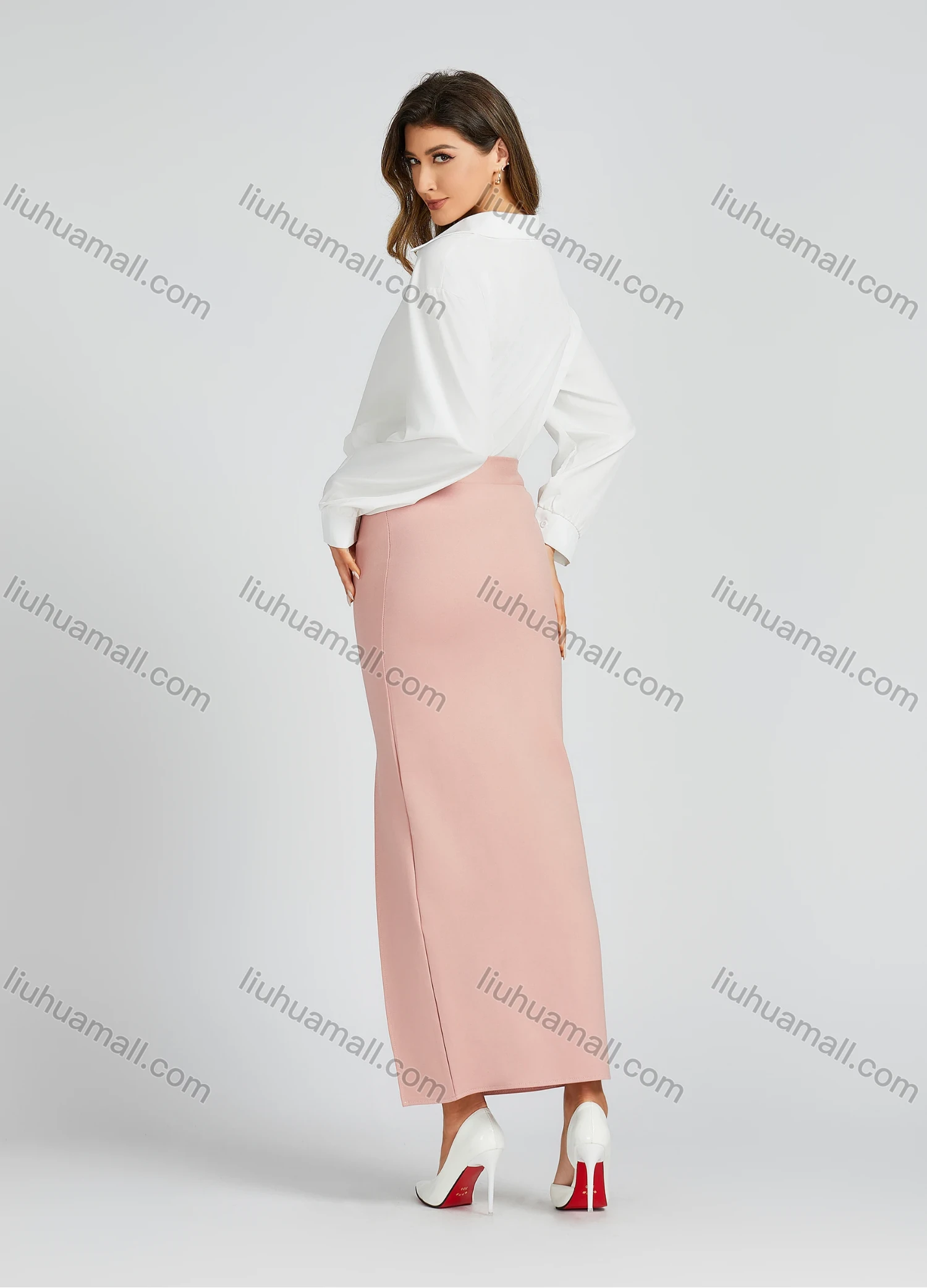 Wholesale Women's Spring Casual High Waist Plain Print Slim Fit Maxi Skirt - Liuhuamall