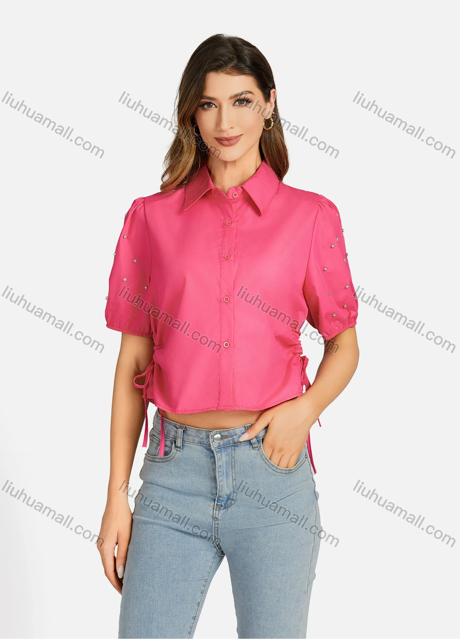 Wholesale Women's Casual Collared Plain Rhinestone Short Sleeve Tie Side Slim Fit Crop Top 00068# - Liuhuamall