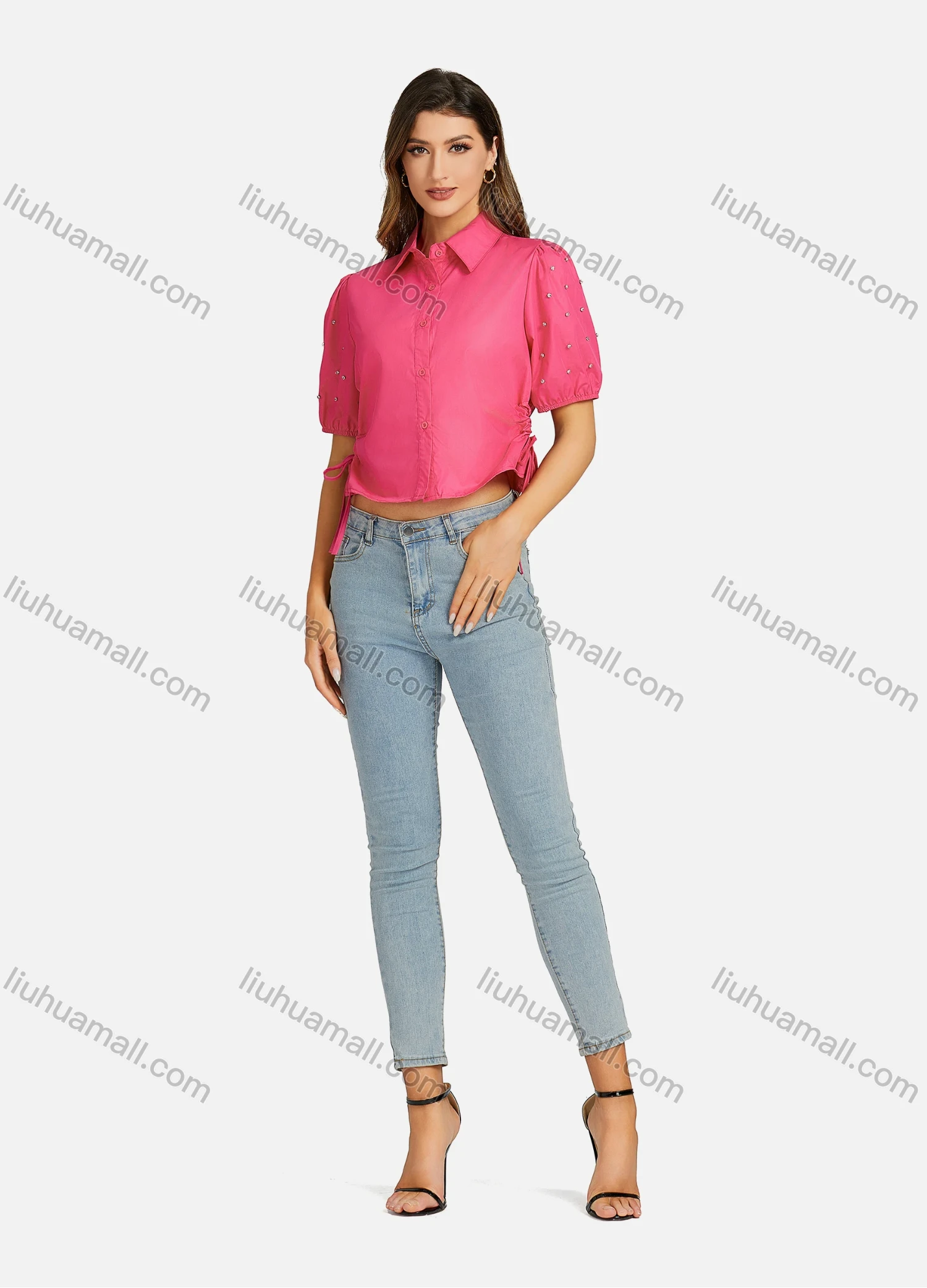 Wholesale Women's Casual Collared Plain Rhinestone Short Sleeve Tie Side Slim Fit Crop Top 00068# - Liuhuamall