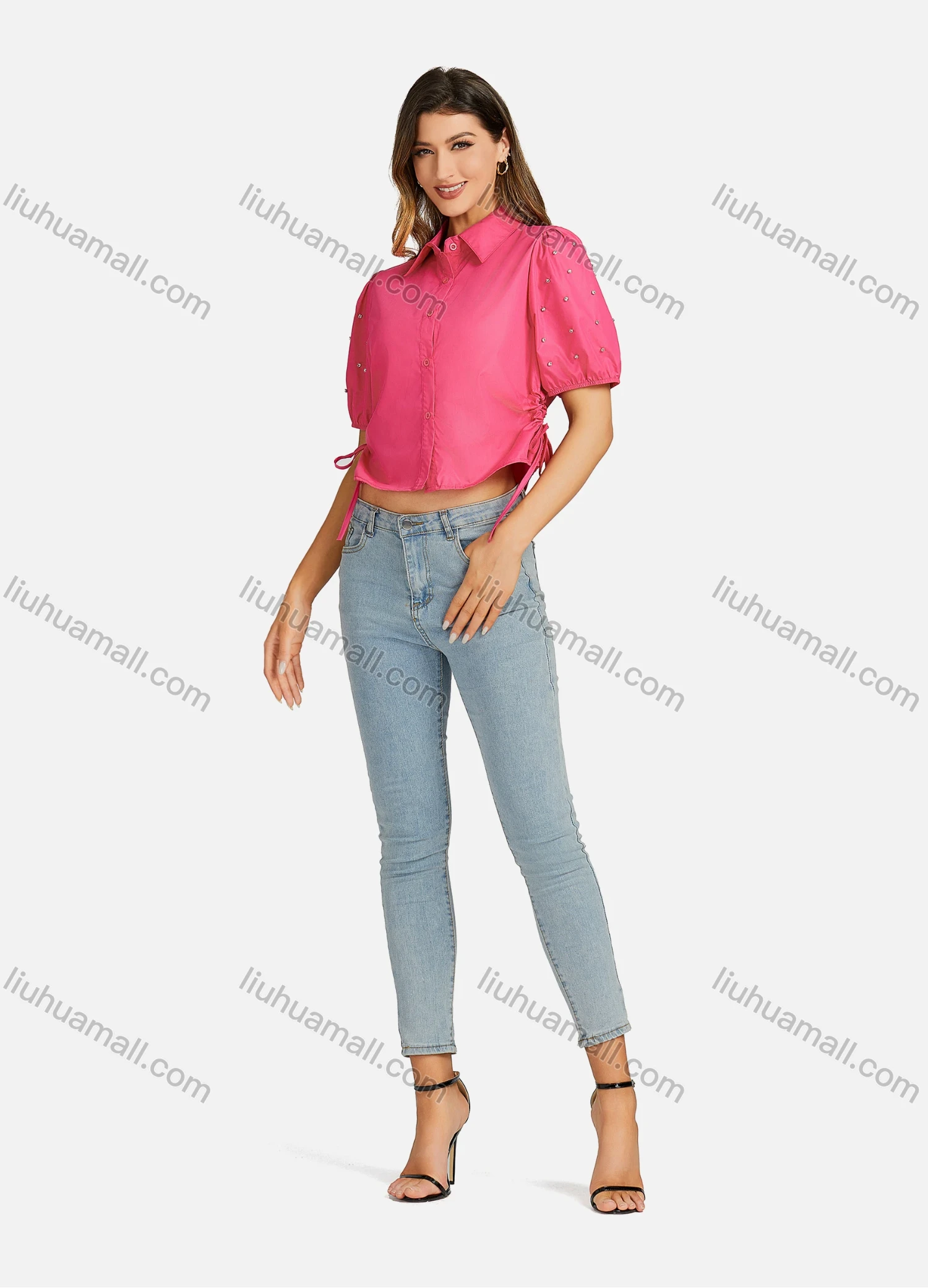 Wholesale Women's Casual Collared Plain Rhinestone Short Sleeve Tie Side Slim Fit Crop Top 00068# - Liuhuamall