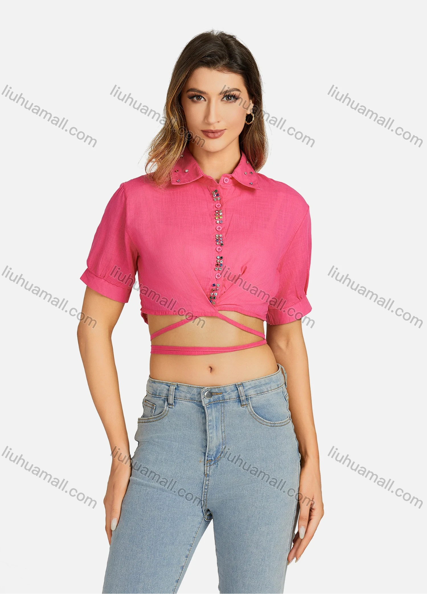 Wholesale Women's Casual Collared Plain Rhinestone Tie Back Short Sleeve Slim Fit Crop Top 00061# - Liuhuamall