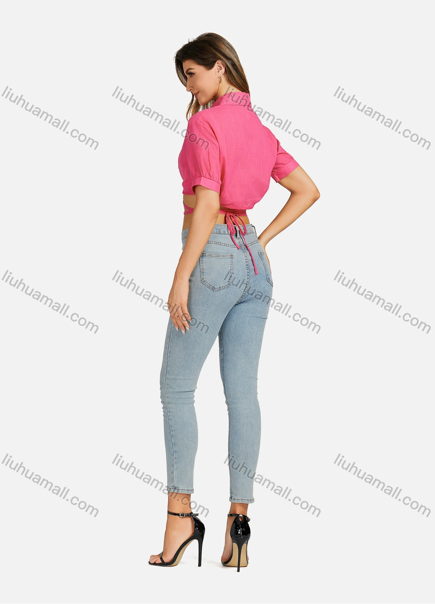 Wholesale Women's Casual Collared Plain Rhinestone Tie Back Short Sleeve Slim Fit Crop Top 00061# - Liuhuamall