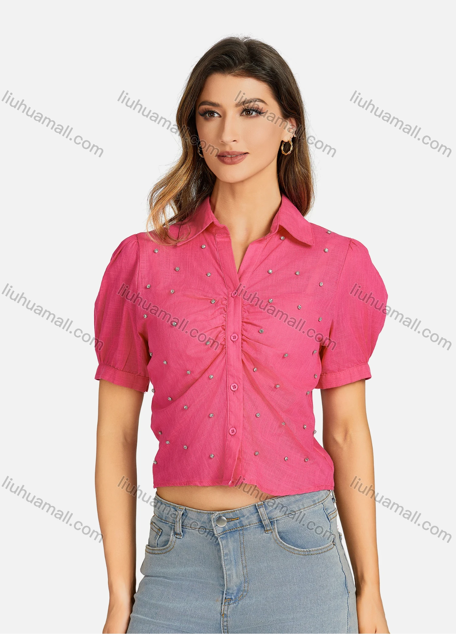 Wholesale Women's Casual Collared Plain Rhinestone Short Sleeve Slim Fit Crop Top 00062# - Liuhuamall