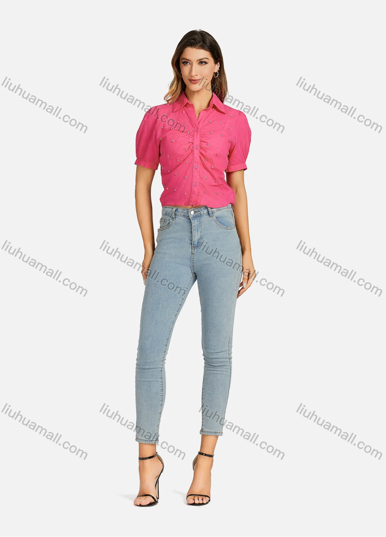 Wholesale Women's Casual Collared Plain Rhinestone Short Sleeve Slim Fit Crop Top 00062# - Liuhuamall