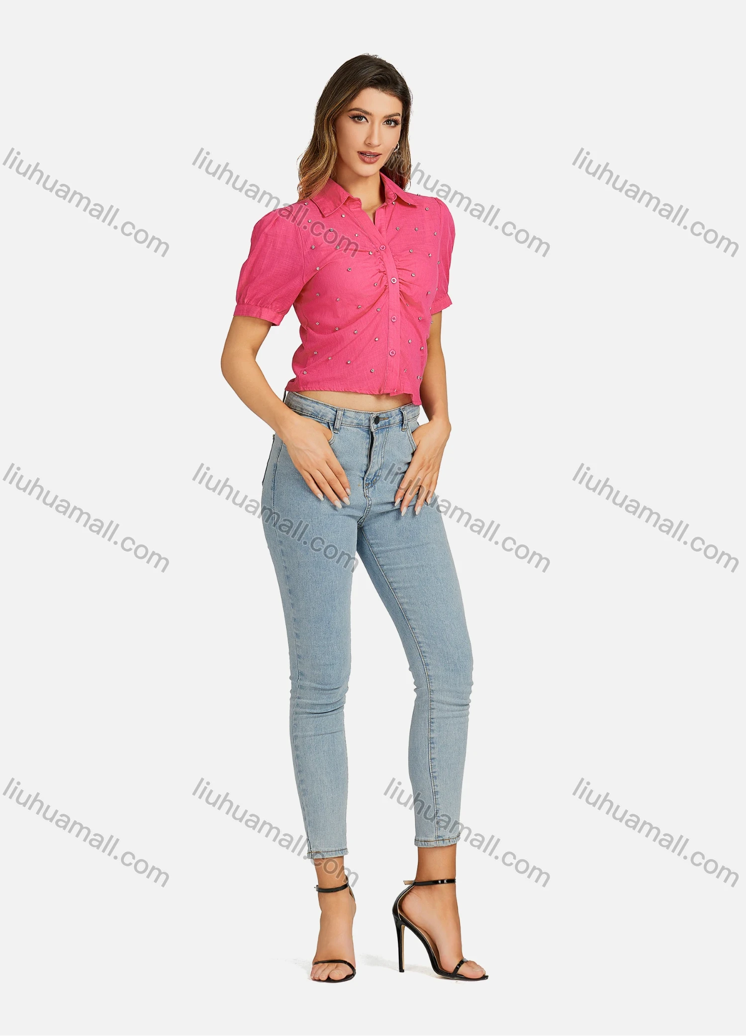 Wholesale Women's Casual Collared Plain Rhinestone Short Sleeve Slim Fit Crop Top 00062# - Liuhuamall