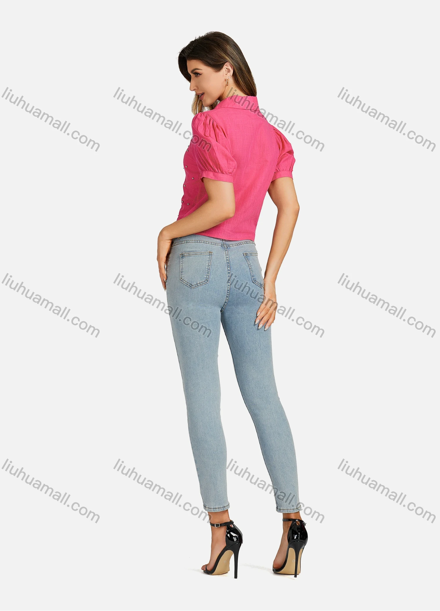 Wholesale Women's Casual Collared Plain Rhinestone Short Sleeve Slim Fit Crop Top 00062# - Liuhuamall