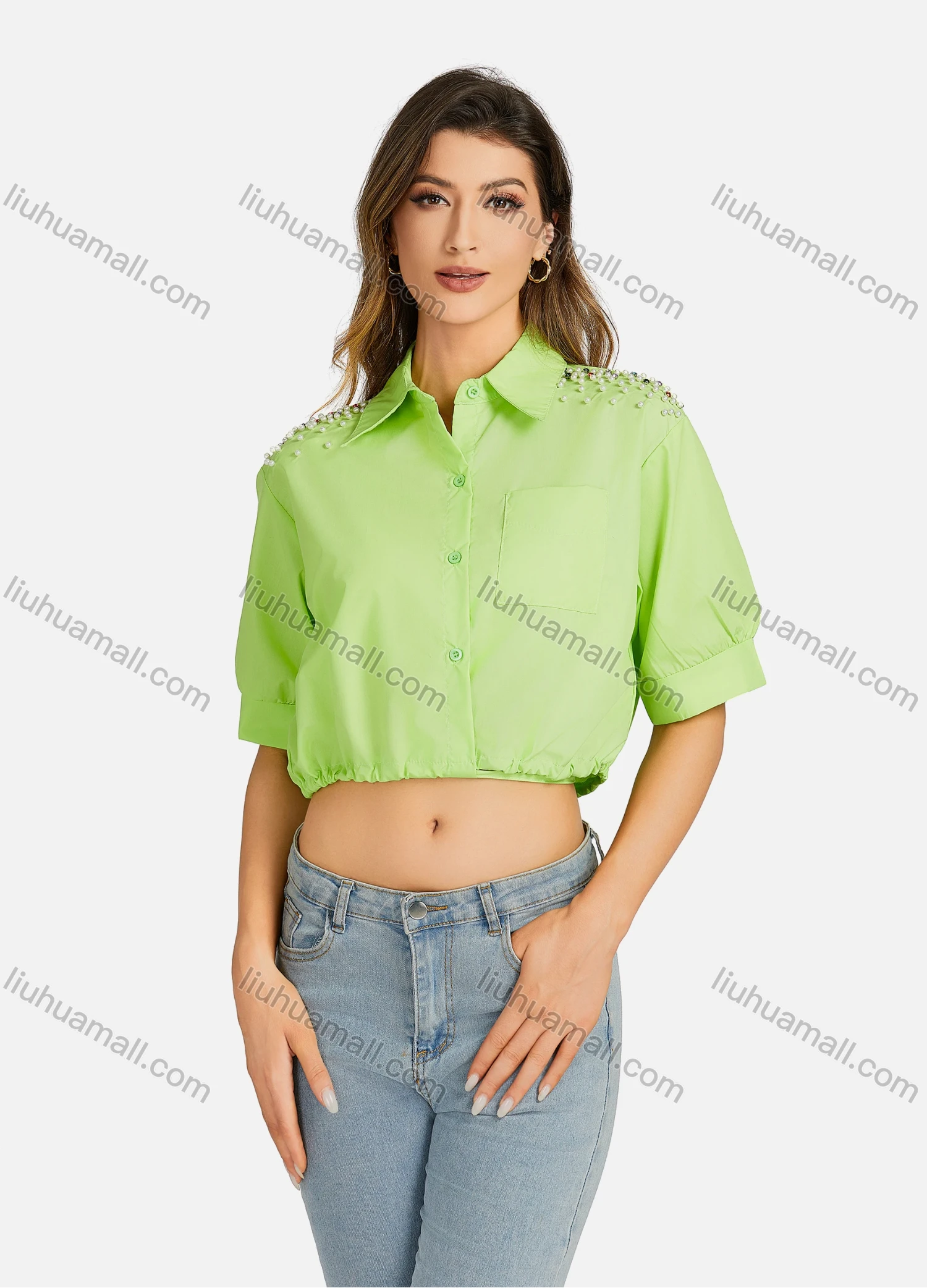 Wholesale Women's Casual Collared Plain Drawstring Pearl Decor Short Sleeve Slim Fit Crop Top 00065# - Liuhuamall