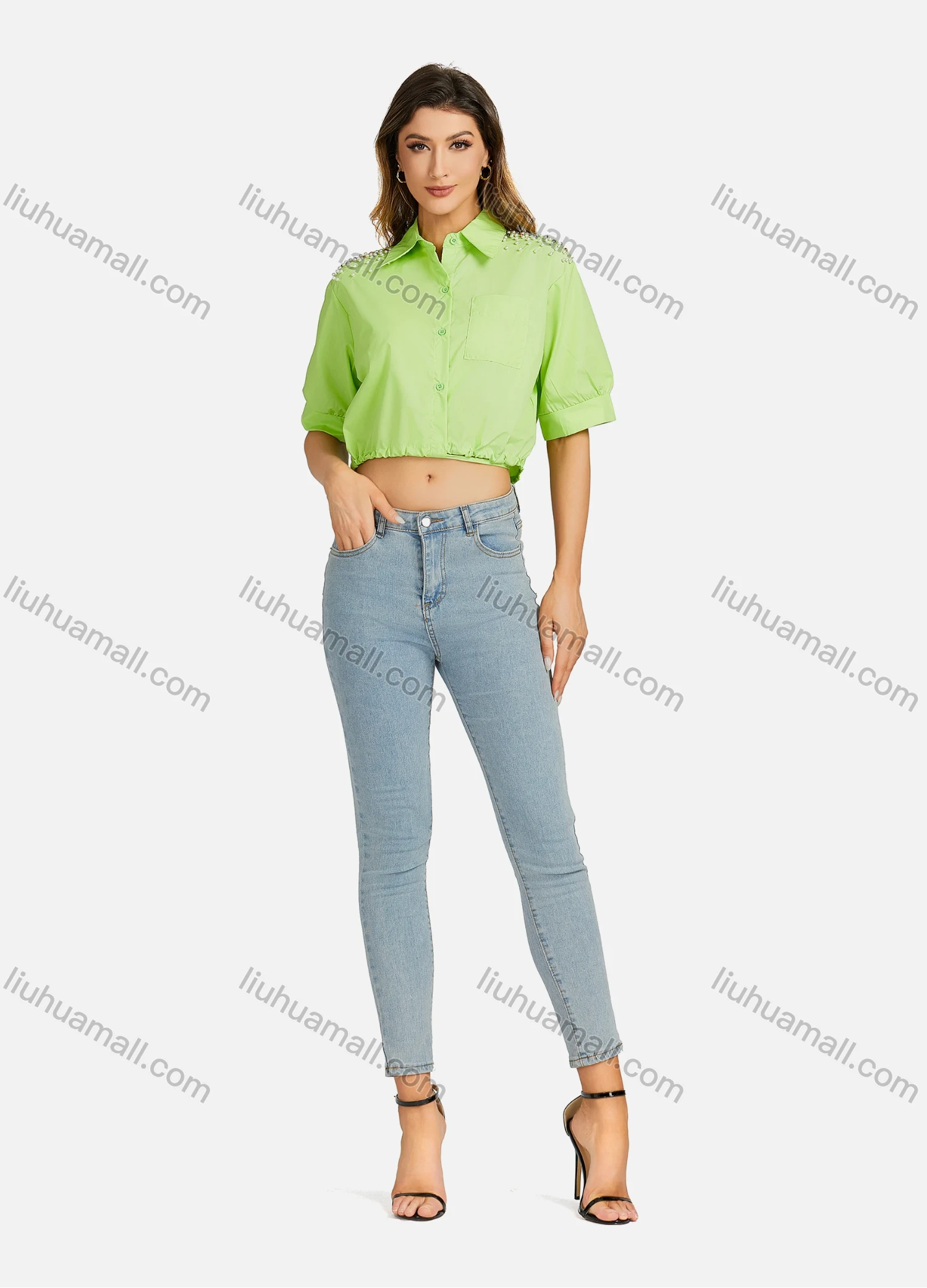 Wholesale Women's Casual Collared Plain Drawstring Pearl Decor Short Sleeve Slim Fit Crop Top 00065# - Liuhuamall