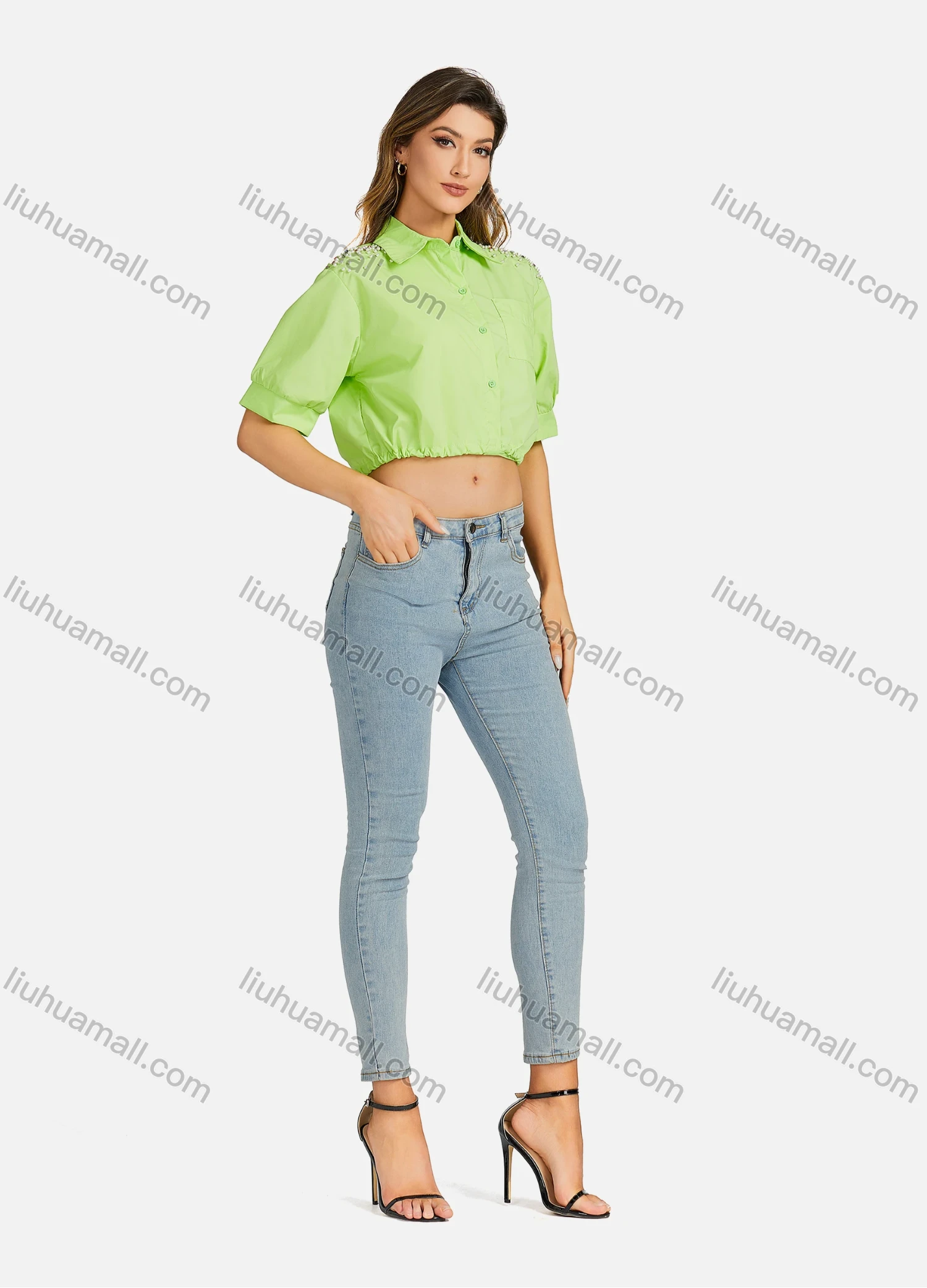 Wholesale Women's Casual Collared Plain Drawstring Pearl Decor Short Sleeve Slim Fit Crop Top 00065# - Liuhuamall