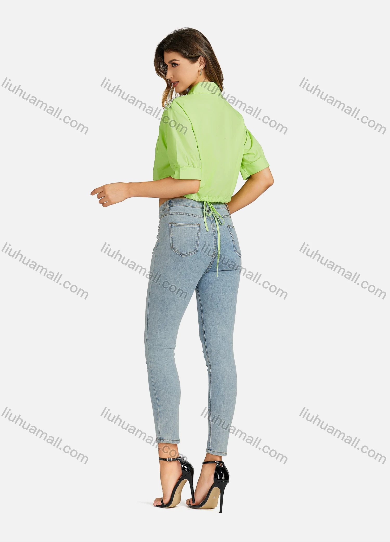 Wholesale Women's Casual Collared Plain Drawstring Pearl Decor Short Sleeve Slim Fit Crop Top 00065# - Liuhuamall
