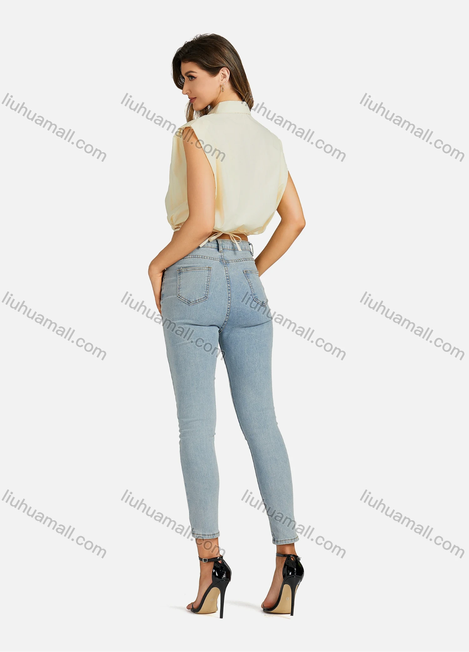 Wholesale Women's Casual Collared Plain Pearl Decoration Cap Sleeve Slim Fit Crop Top 00064# - Liuhuamall