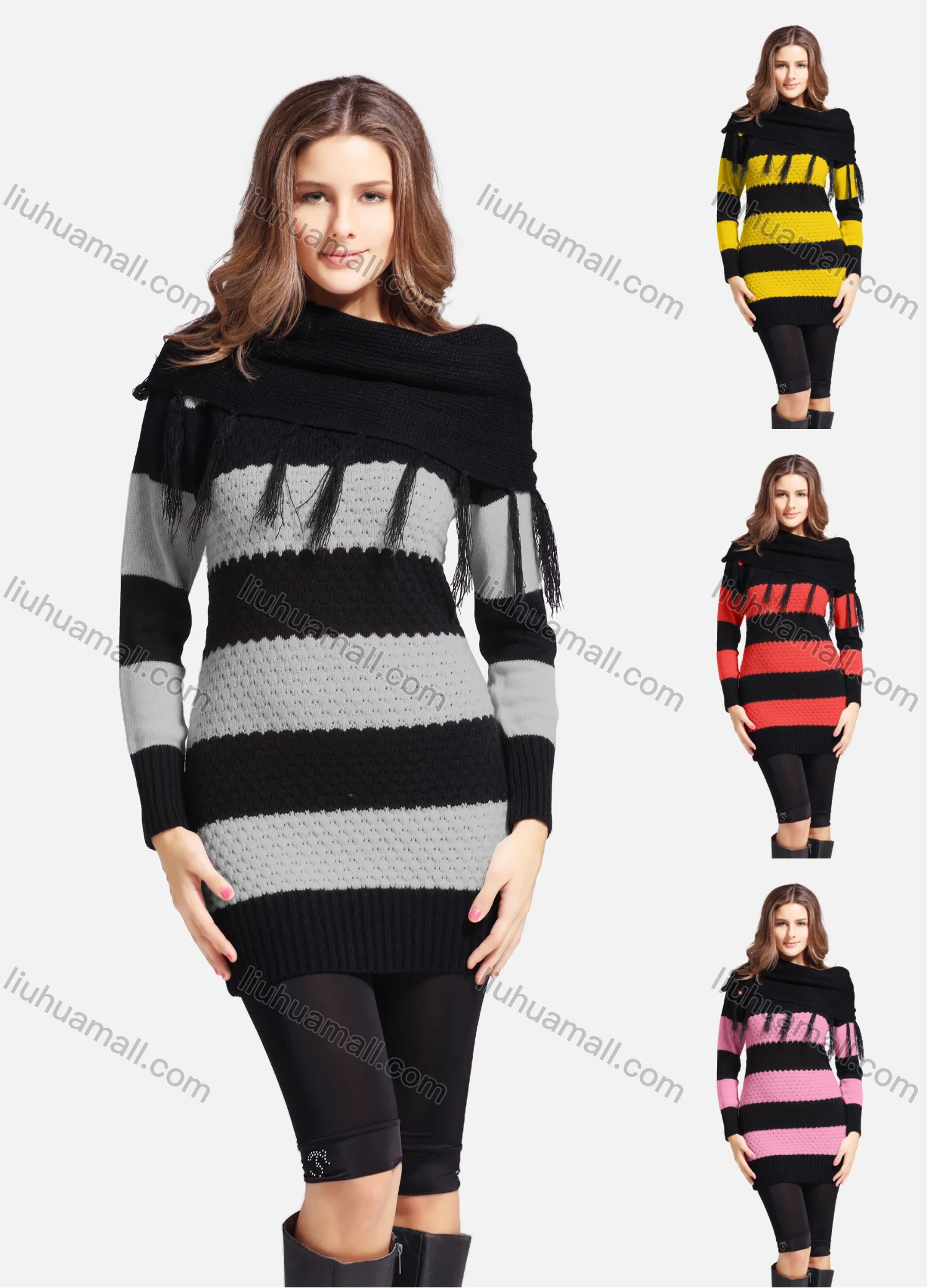 Wholesale Women's Casual Cowl Neck Long Sleeve Slanted Shoulders Striped Knit Sweater 543# - Liuhuamall