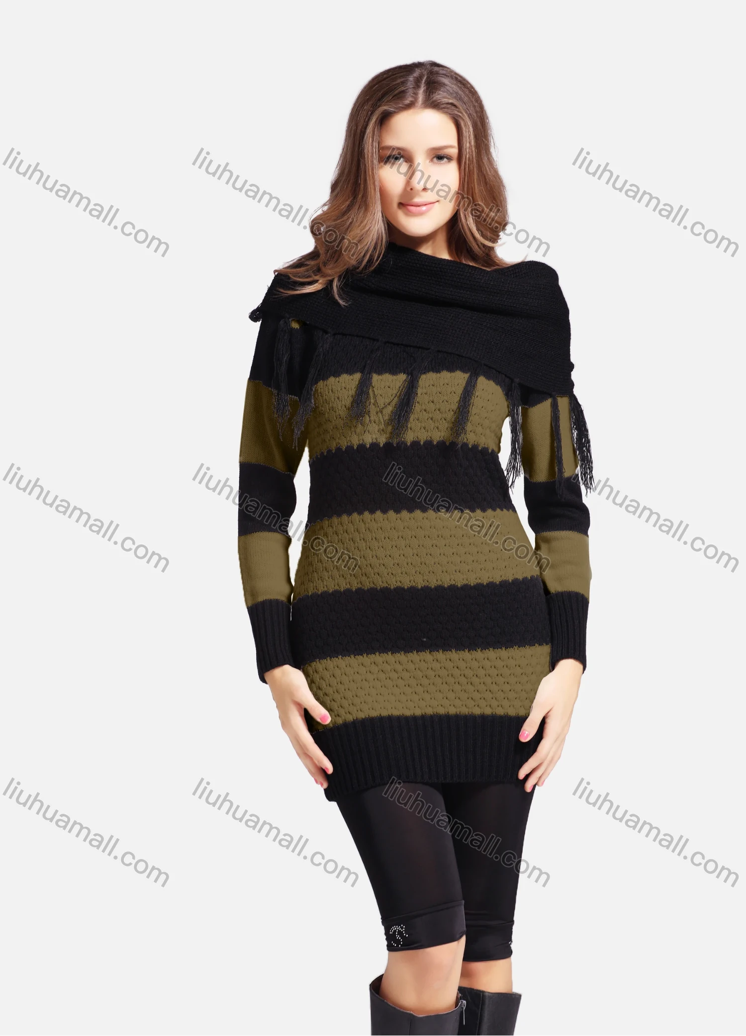 Wholesale Women's Casual Cowl Neck Long Sleeve Slanted Shoulders Striped Knit Sweater 543# - Liuhuamall