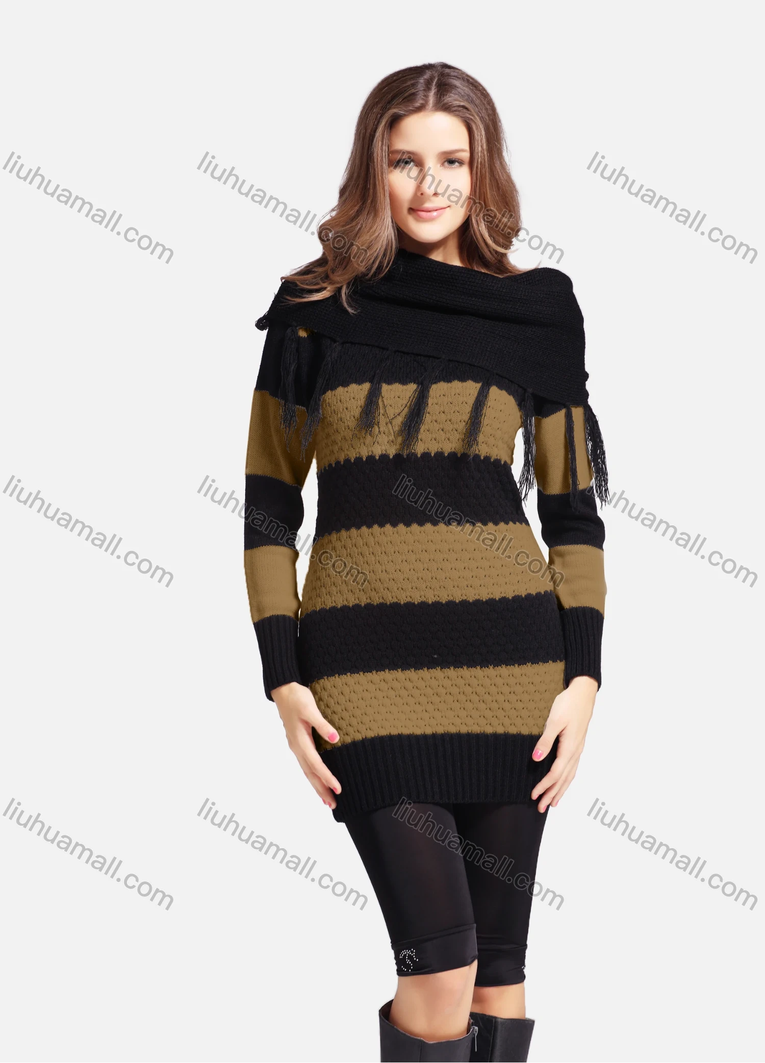 Wholesale Women's Casual Cowl Neck Long Sleeve Slanted Shoulders Striped Knit Sweater 543# - Liuhuamall