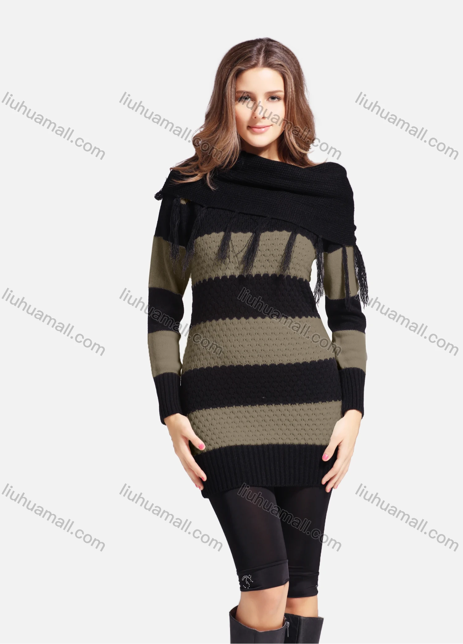 Wholesale Women's Casual Cowl Neck Long Sleeve Slanted Shoulders Striped Knit Sweater 543# - Liuhuamall