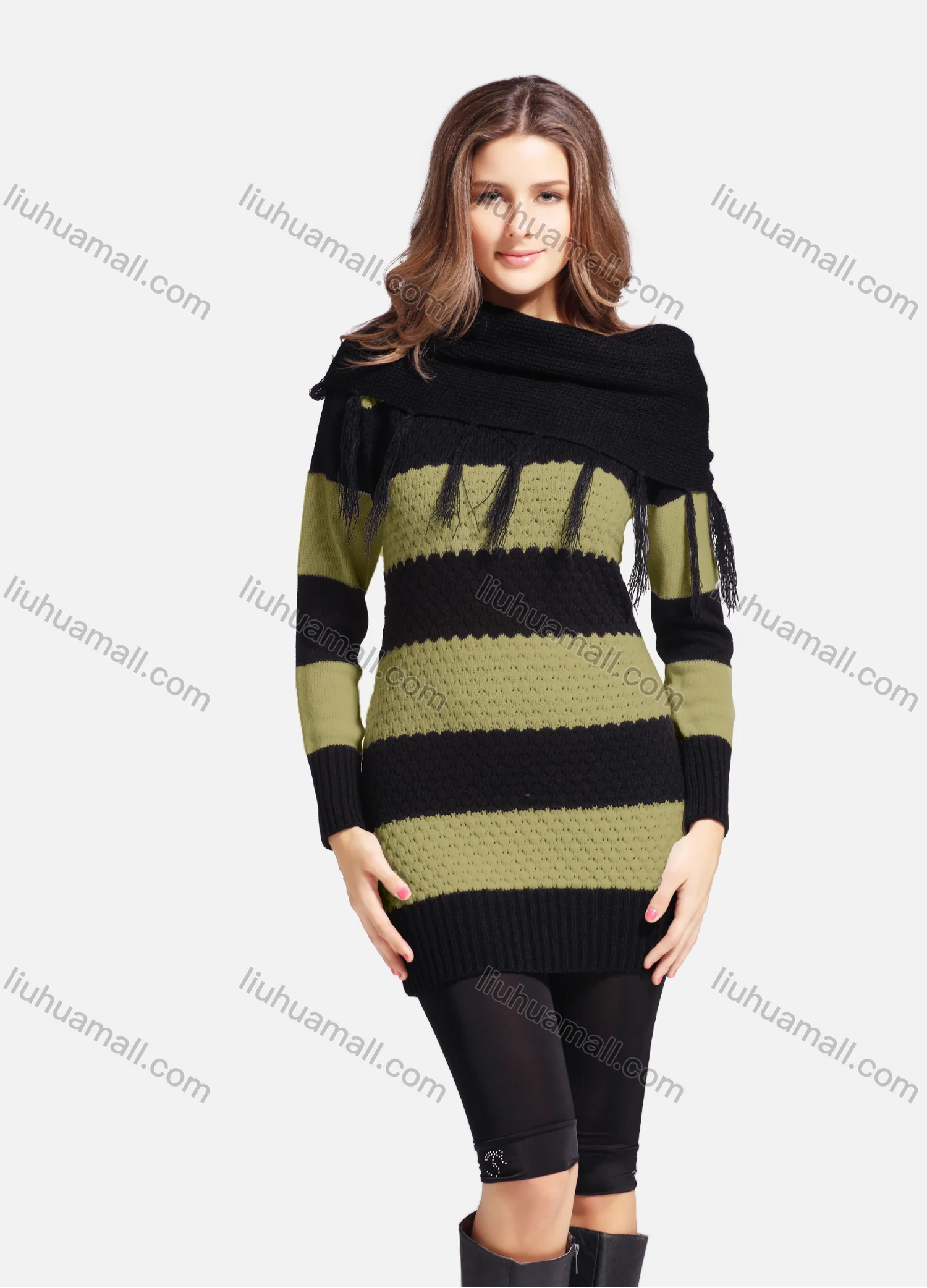 Wholesale Women's Casual Cowl Neck Long Sleeve Slanted Shoulders Striped Knit Sweater 543# - Liuhuamall