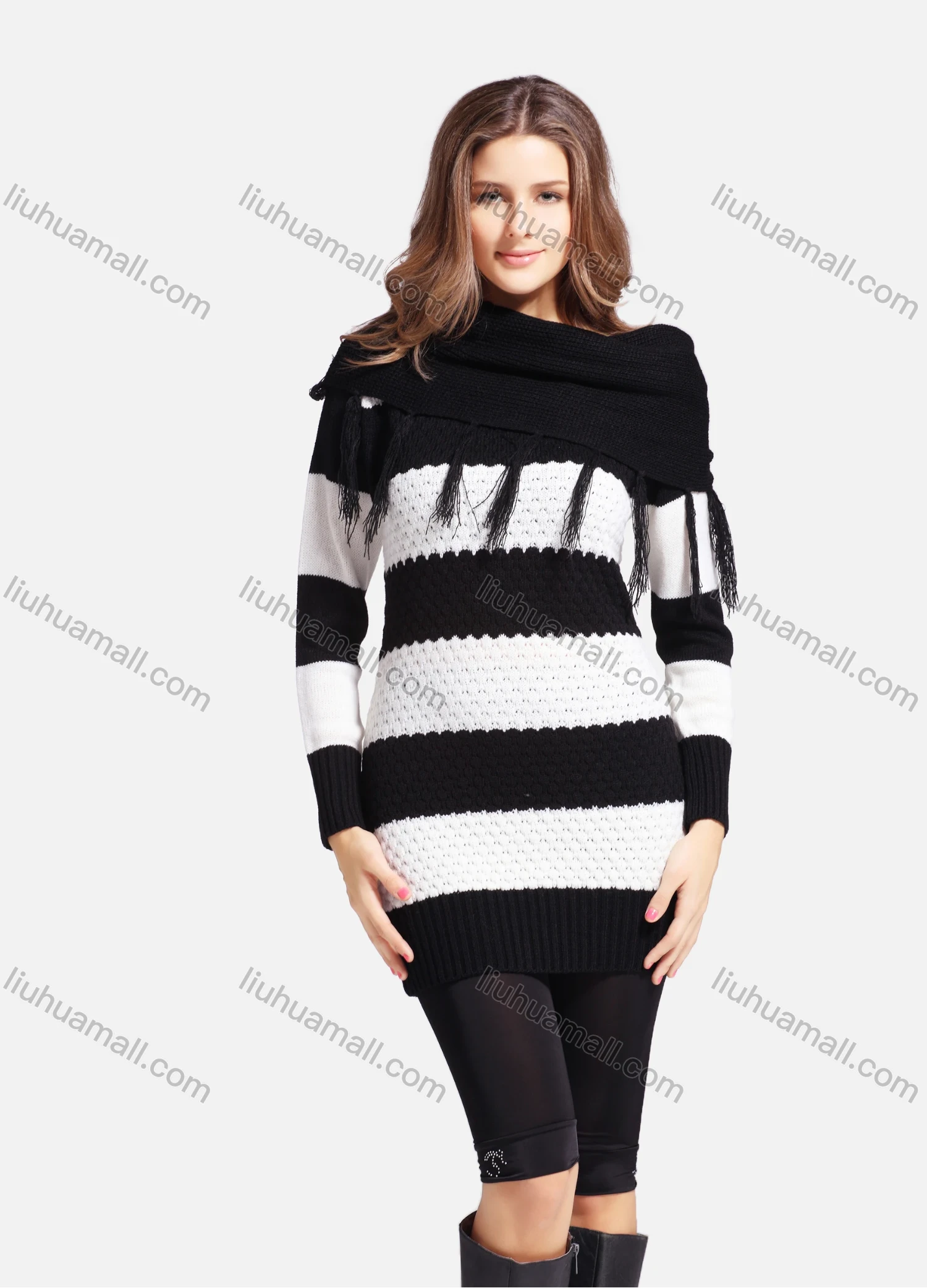 Wholesale Women's Casual Cowl Neck Long Sleeve Slanted Shoulders Striped Knit Sweater 543# - Liuhuamall