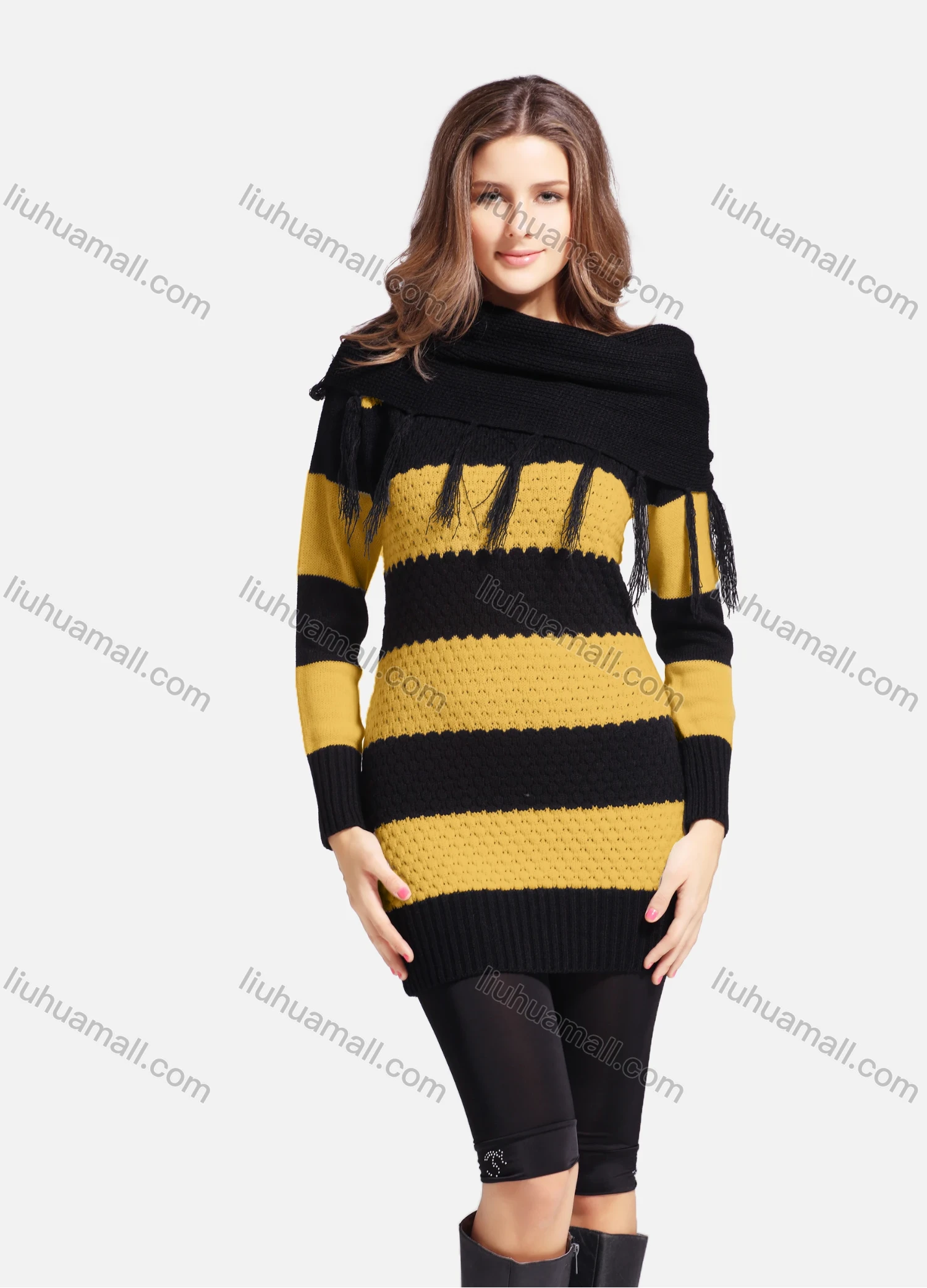 Wholesale Women's Casual Cowl Neck Long Sleeve Slanted Shoulders Striped Knit Sweater 543# - Liuhuamall