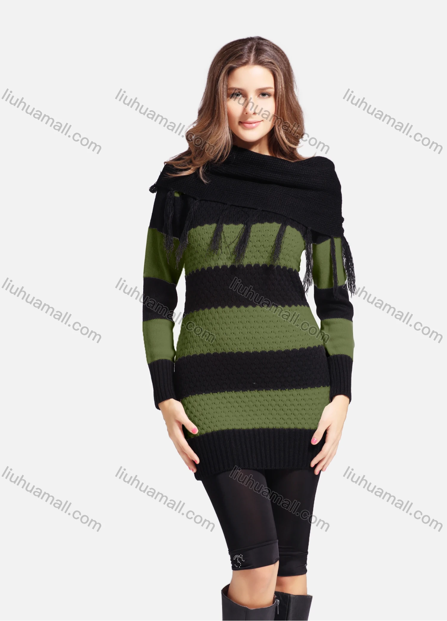 Wholesale Women's Casual Cowl Neck Long Sleeve Slanted Shoulders Striped Knit Sweater 543# - Liuhuamall
