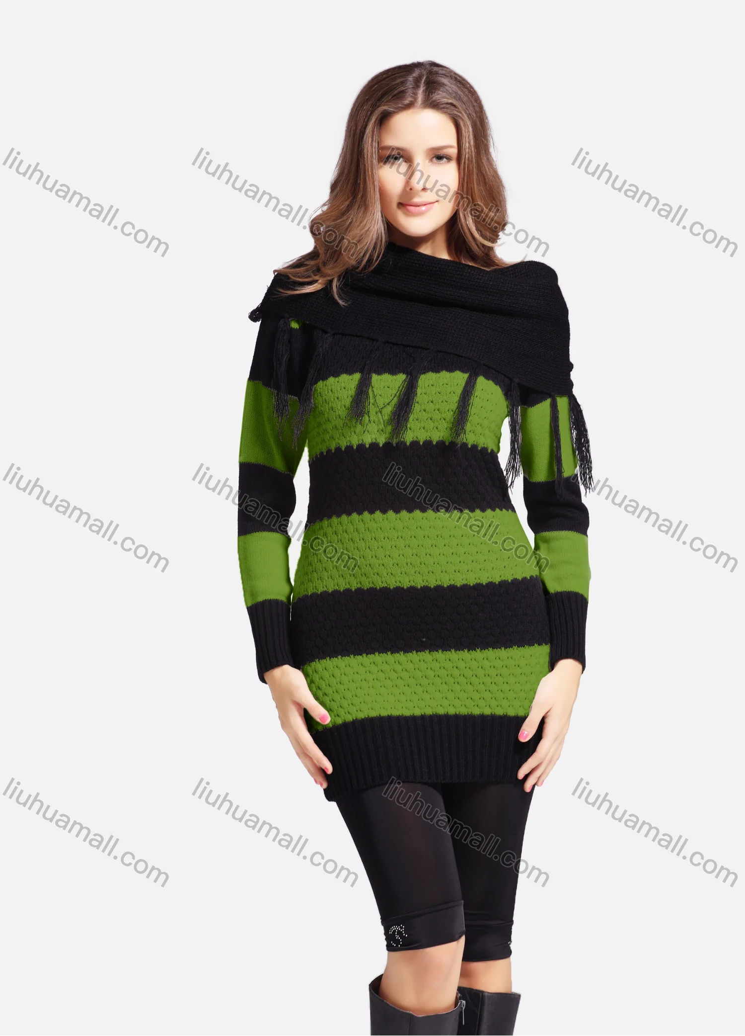Wholesale Women's Casual Cowl Neck Long Sleeve Slanted Shoulders Striped Knit Sweater 543# - Liuhuamall