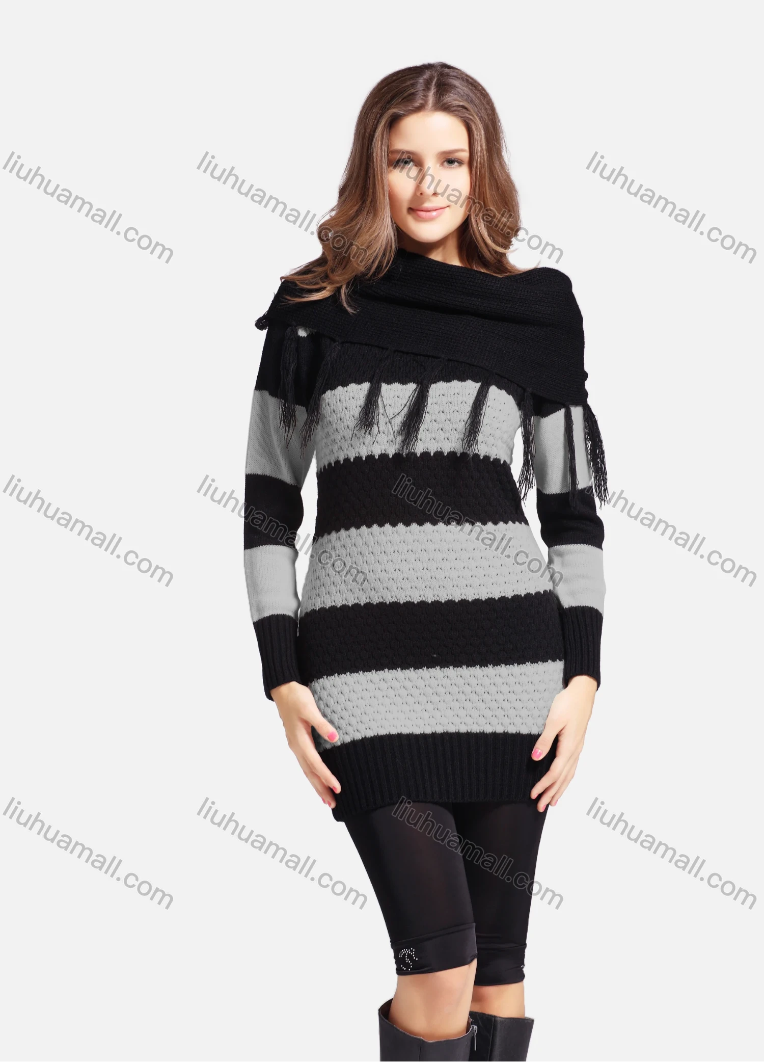 Wholesale Women's Casual Cowl Neck Long Sleeve Slanted Shoulders Striped Knit Sweater 543# - Liuhuamall