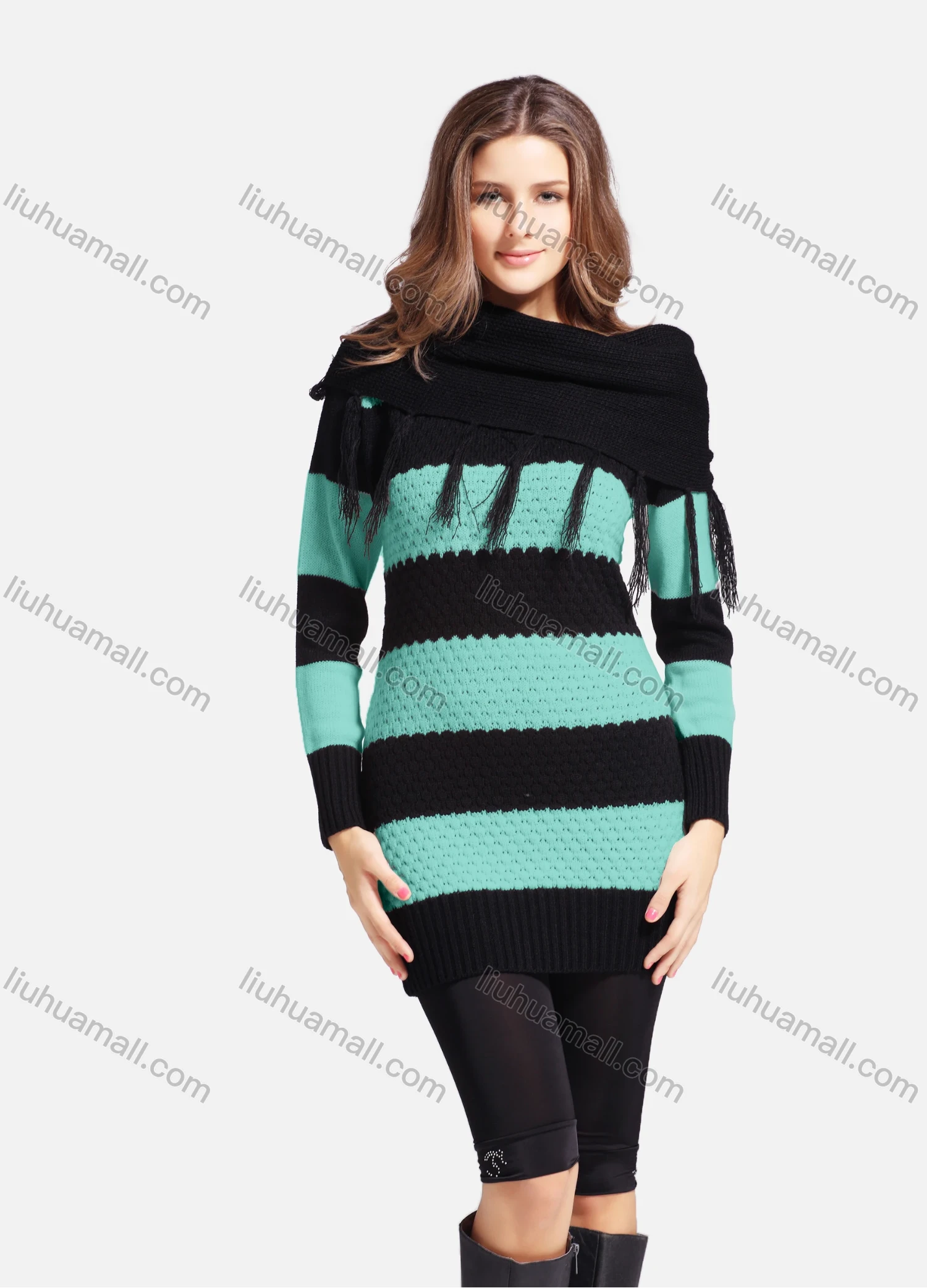 Wholesale Women's Casual Cowl Neck Long Sleeve Slanted Shoulders Striped Knit Sweater 543# - Liuhuamall