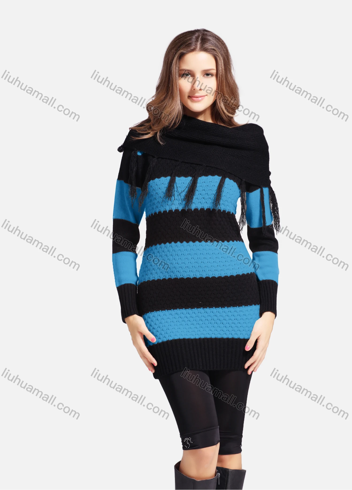 Wholesale Women's Casual Cowl Neck Long Sleeve Slanted Shoulders Striped Knit Sweater 543# - Liuhuamall