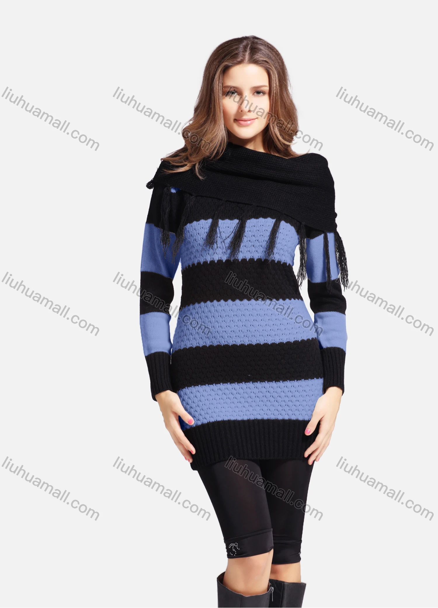 Wholesale Women's Casual Cowl Neck Long Sleeve Slanted Shoulders Striped Knit Sweater 543# - Liuhuamall