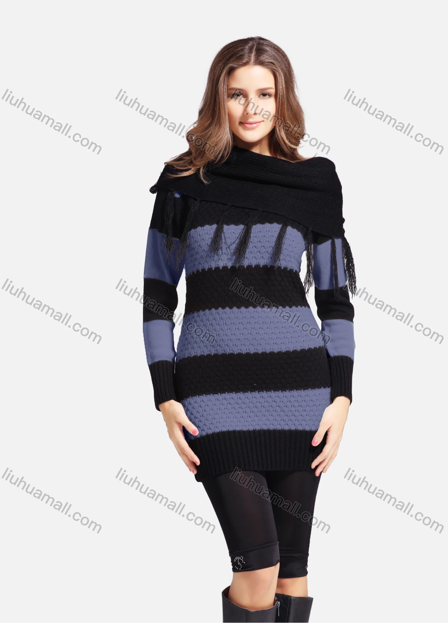 Wholesale Women's Casual Cowl Neck Long Sleeve Slanted Shoulders Striped Knit Sweater 543# - Liuhuamall