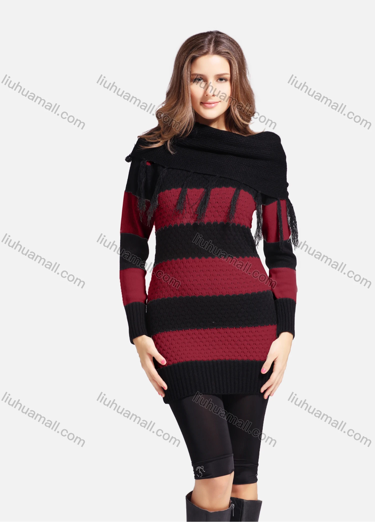 Wholesale Women's Casual Cowl Neck Long Sleeve Slanted Shoulders Striped Knit Sweater 543# - Liuhuamall