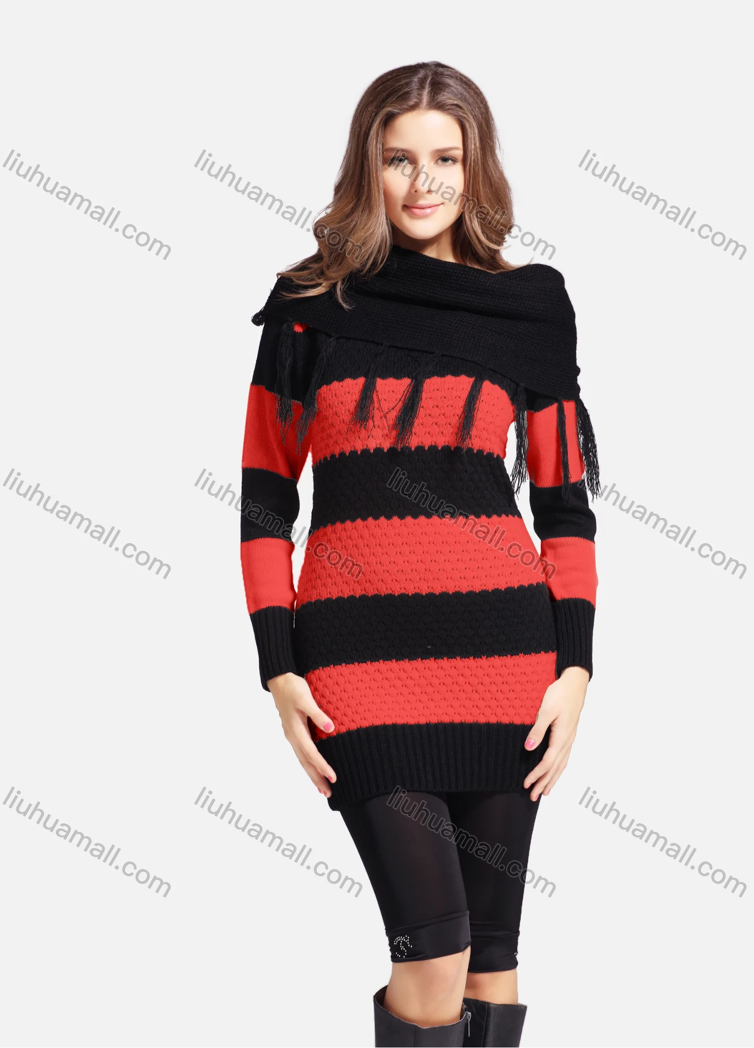 Wholesale Women's Casual Cowl Neck Long Sleeve Slanted Shoulders Striped Knit Sweater 543# - Liuhuamall