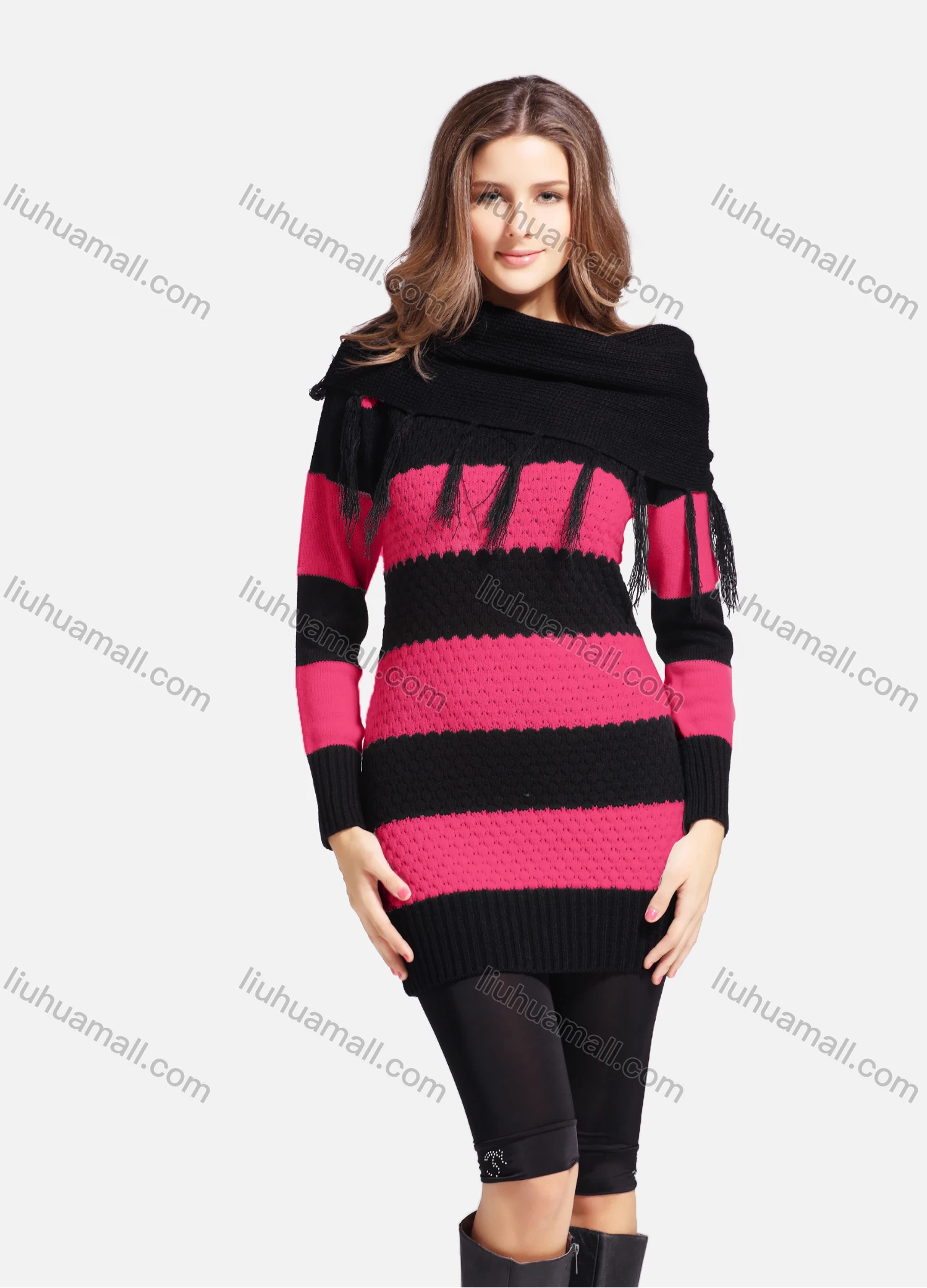 Wholesale Women's Casual Cowl Neck Long Sleeve Slanted Shoulders Striped Knit Sweater 543# - Liuhuamall