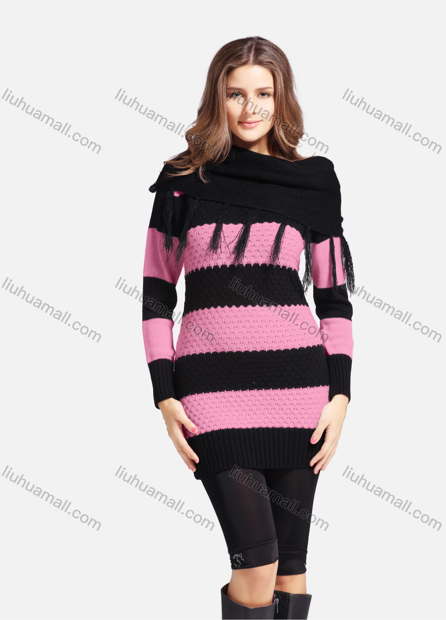 Wholesale Women's Casual Cowl Neck Long Sleeve Slanted Shoulders Striped Knit Sweater 543# - Liuhuamall