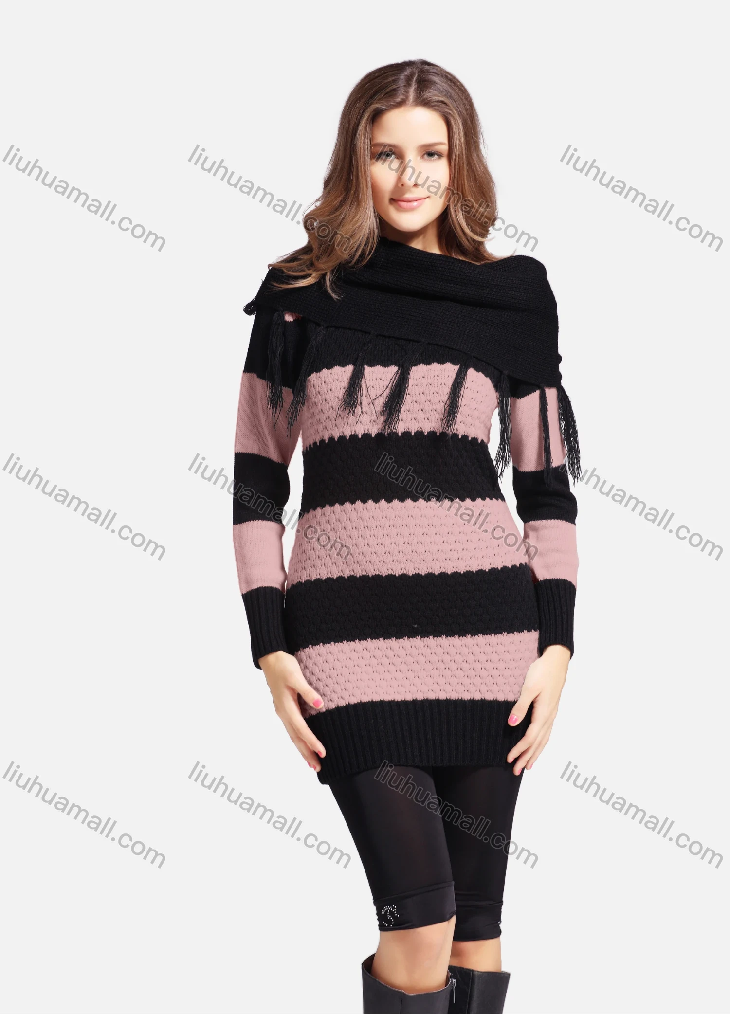 Wholesale Women's Casual Cowl Neck Long Sleeve Slanted Shoulders Striped Knit Sweater 543# - Liuhuamall