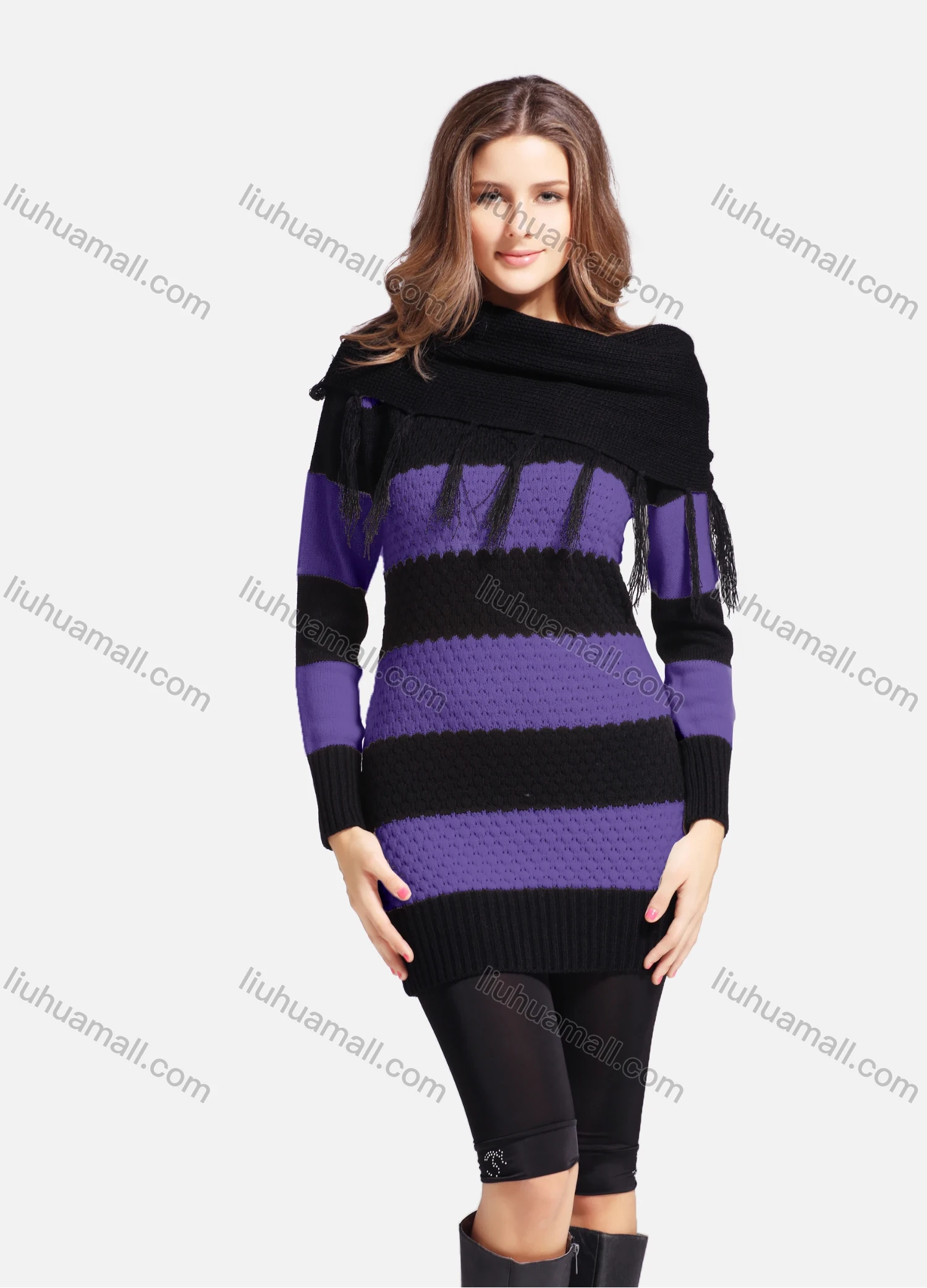Wholesale Women's Casual Cowl Neck Long Sleeve Slanted Shoulders Striped Knit Sweater 543# - Liuhuamall
