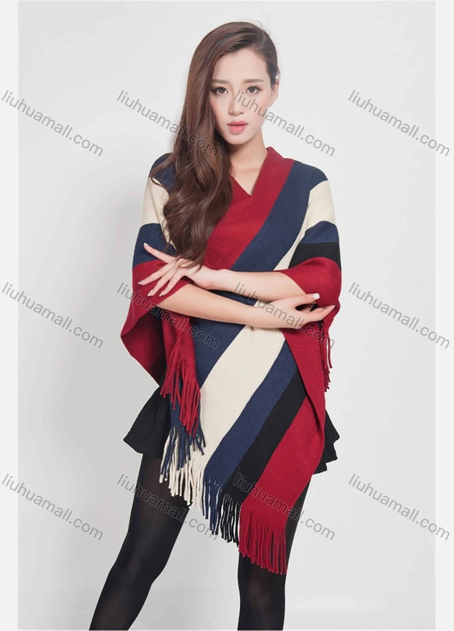 Wholesale Women's Casual Striped Colorblock Scarf Hem V Neck Mid Length Cape - Liuhuamall