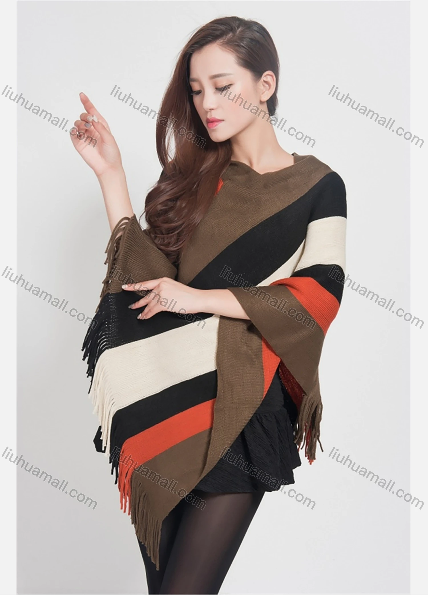 Wholesale Women's Casual Striped Colorblock Scarf Hem V Neck Mid Length Cape - Liuhuamall