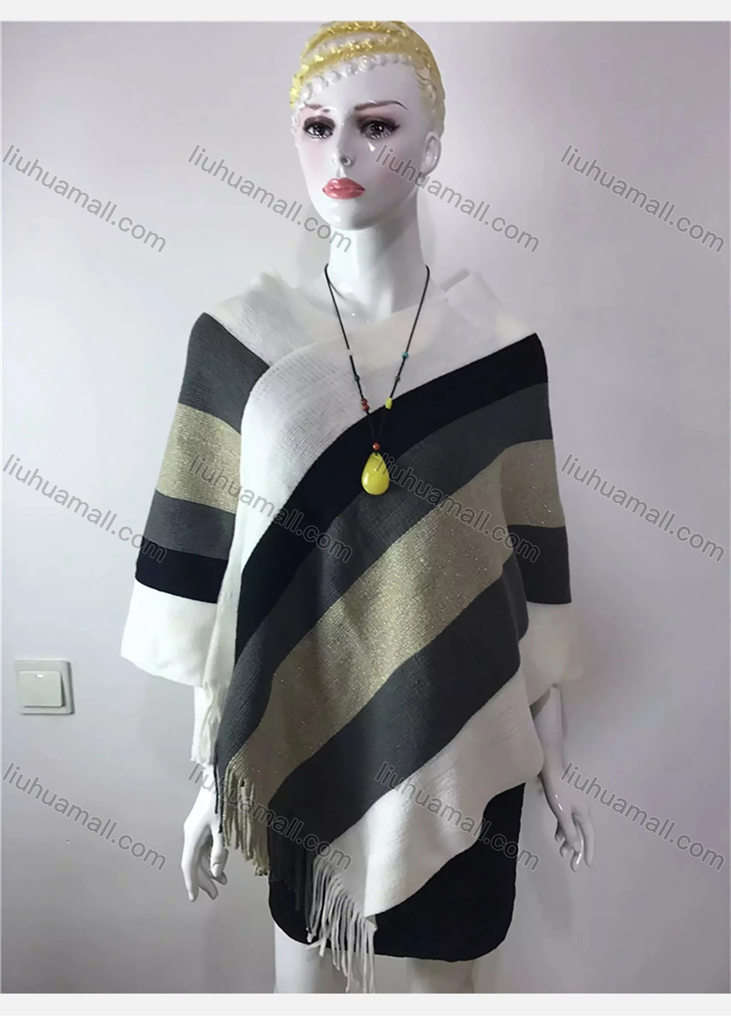 Wholesale Women's Casual Striped Colorblock Scarf Hem V Neck Mid Length Cape - Liuhuamall