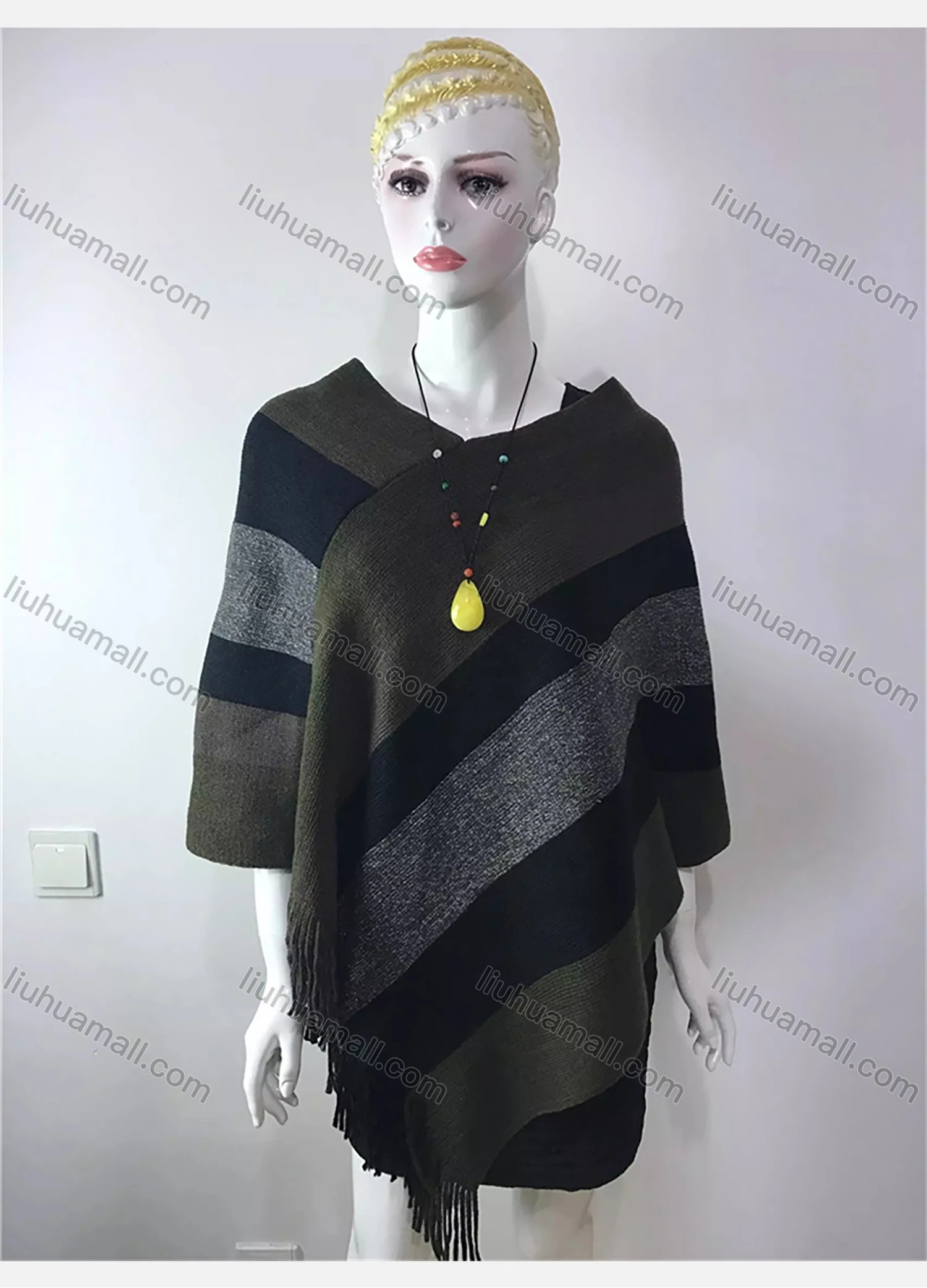 Wholesale Women's Casual Striped Colorblock Scarf Hem V Neck Mid Length Cape - Liuhuamall