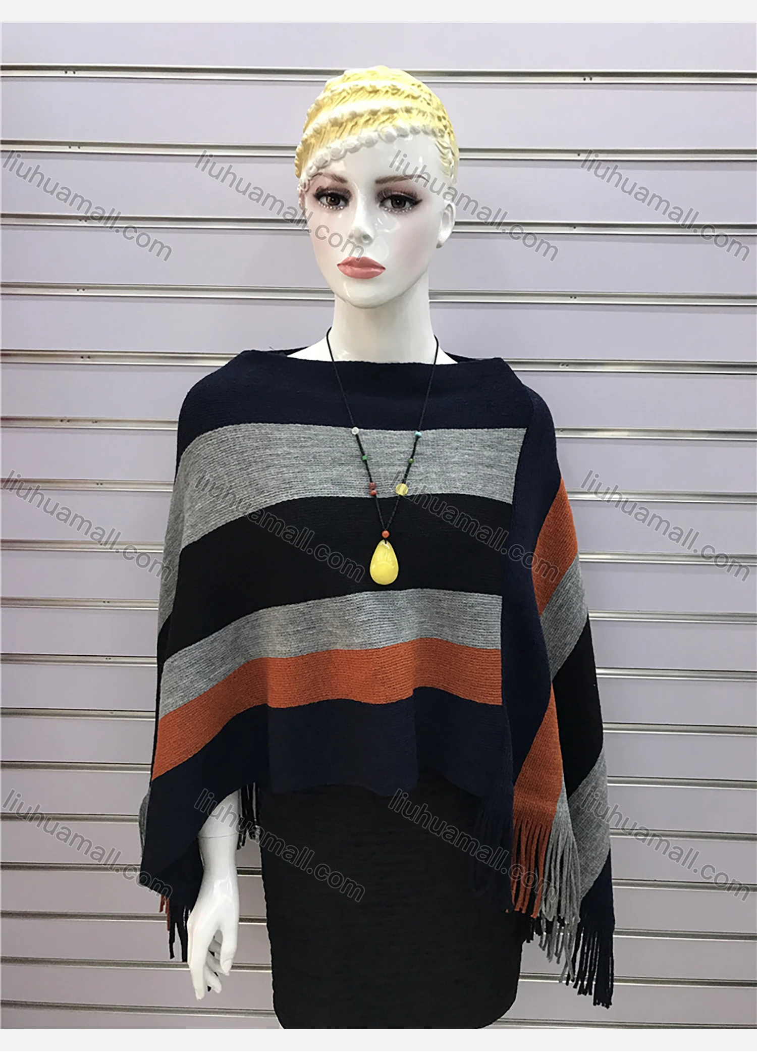 Wholesale Women's Casual Striped Colorblock Scarf Hem V Neck Mid Length Cape - Liuhuamall