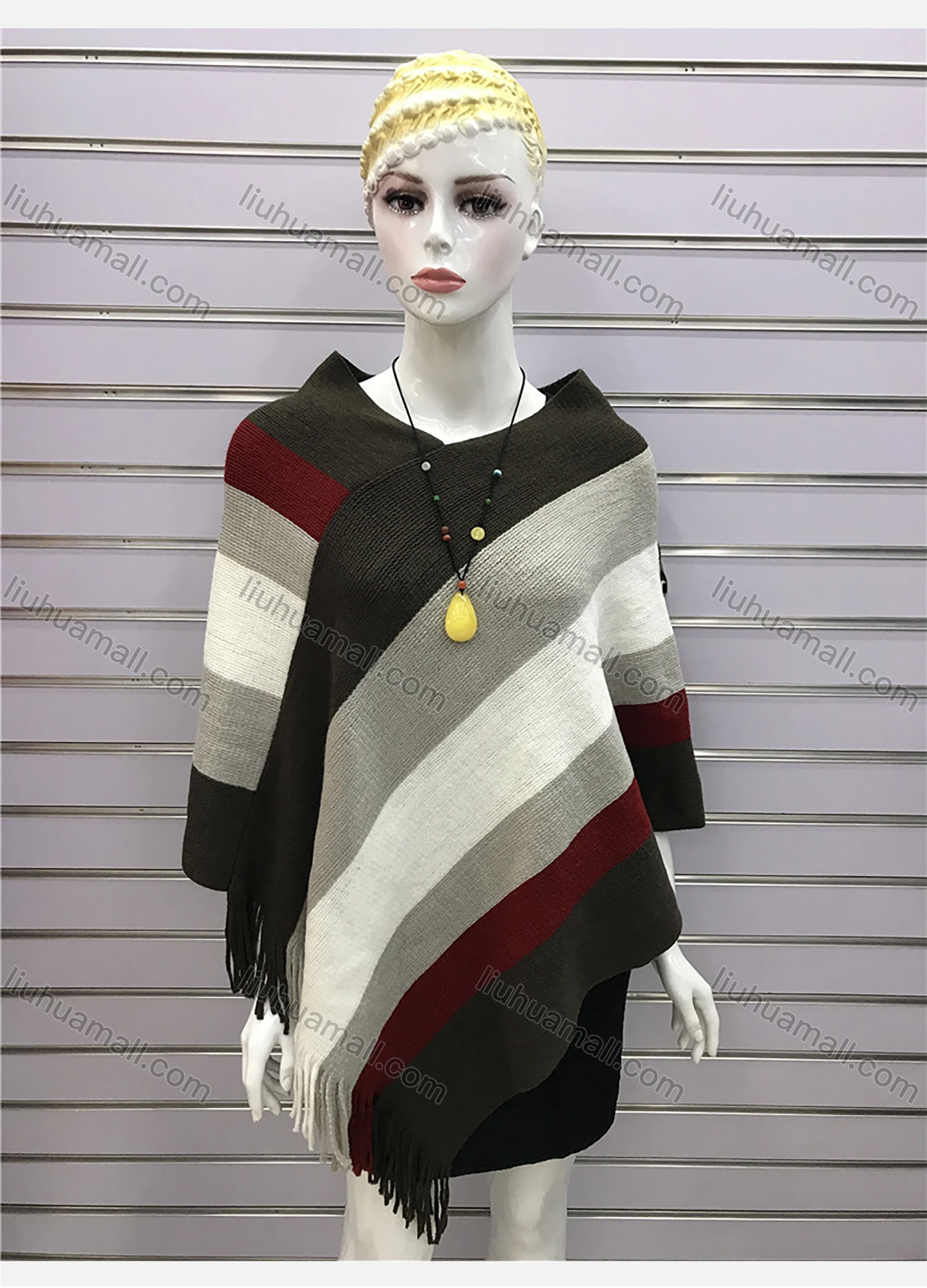 Wholesale Women's Casual Striped Colorblock Scarf Hem V Neck Mid Length Cape - Liuhuamall