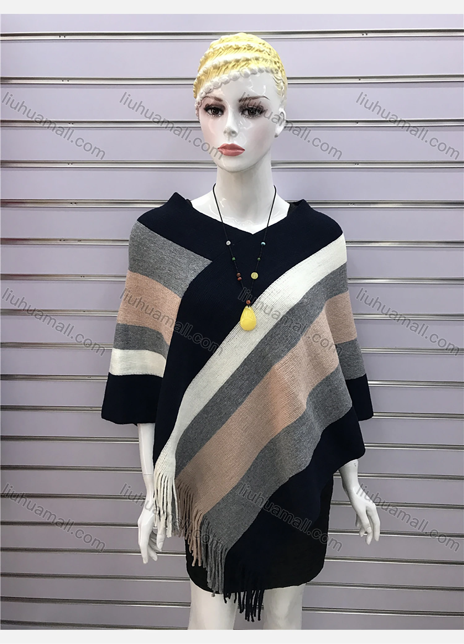 Wholesale Women's Casual Striped Colorblock Scarf Hem V Neck Mid Length Cape - Liuhuamall