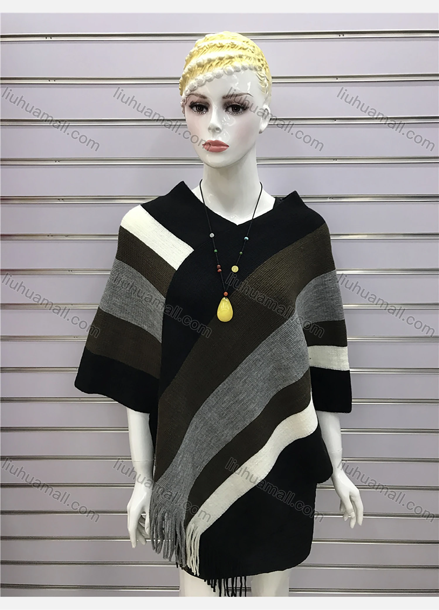 Wholesale Women's Casual Striped Colorblock Scarf Hem V Neck Mid Length Cape - Liuhuamall